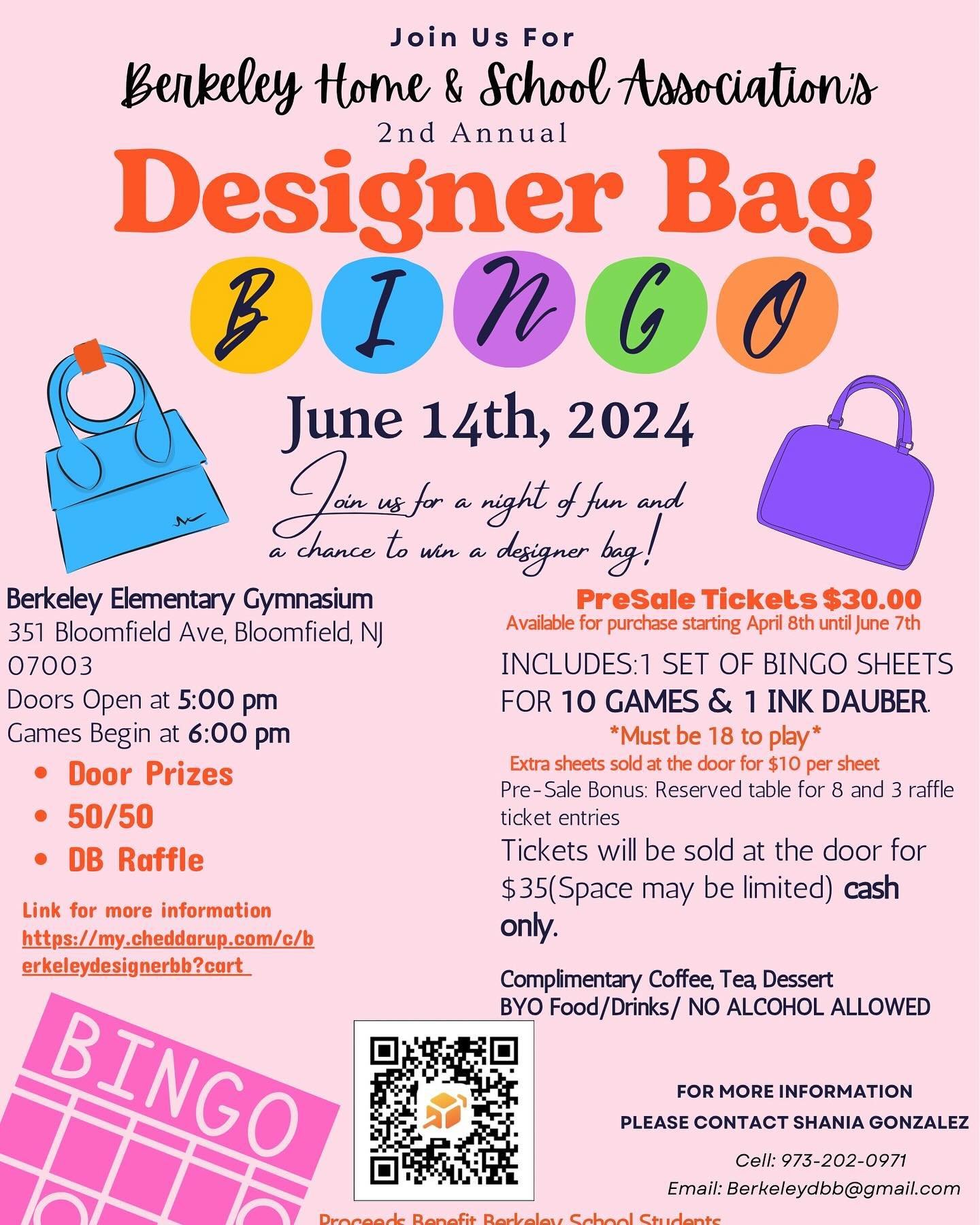 Join Us For Berkeley Home &amp; School Association&rsquo;s

2nd Annual

DESIGNER BAG BINGO

Join us for a night of fun and a chance to win a designer bag!

👜 🀞🀞 🎰🔢🎉 🎱 &middot; 🎰 &middot; 🅱 &middot; 🎲 &middot; 🍀 &middot; 🅱️ &middot; 🌟 &mi