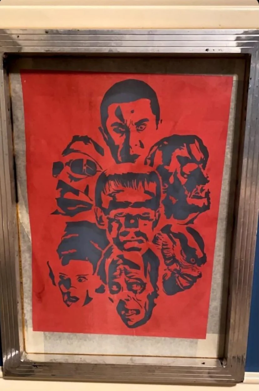 Silhouette-style artwork of multiple faces on red background, including a man with a stern expression at the top and a woman with an open mouth at the bottom.