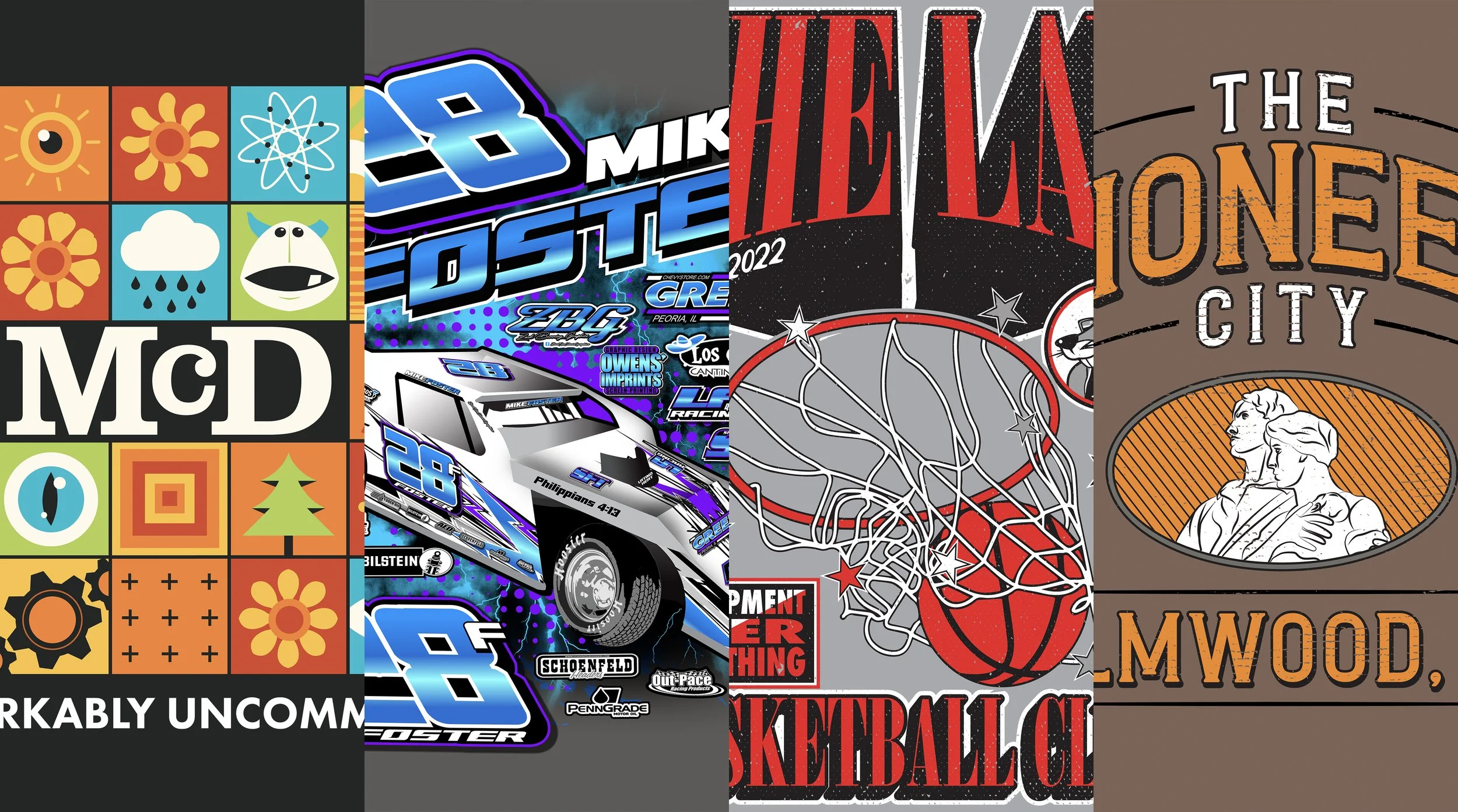 Composite image featuring four distinct sections: colorful grid with icons and text, a racing car with sponsor logos, a basketball hoop with tangled net, and a vintage style poster of two women in profile with text about a city and Mwood.