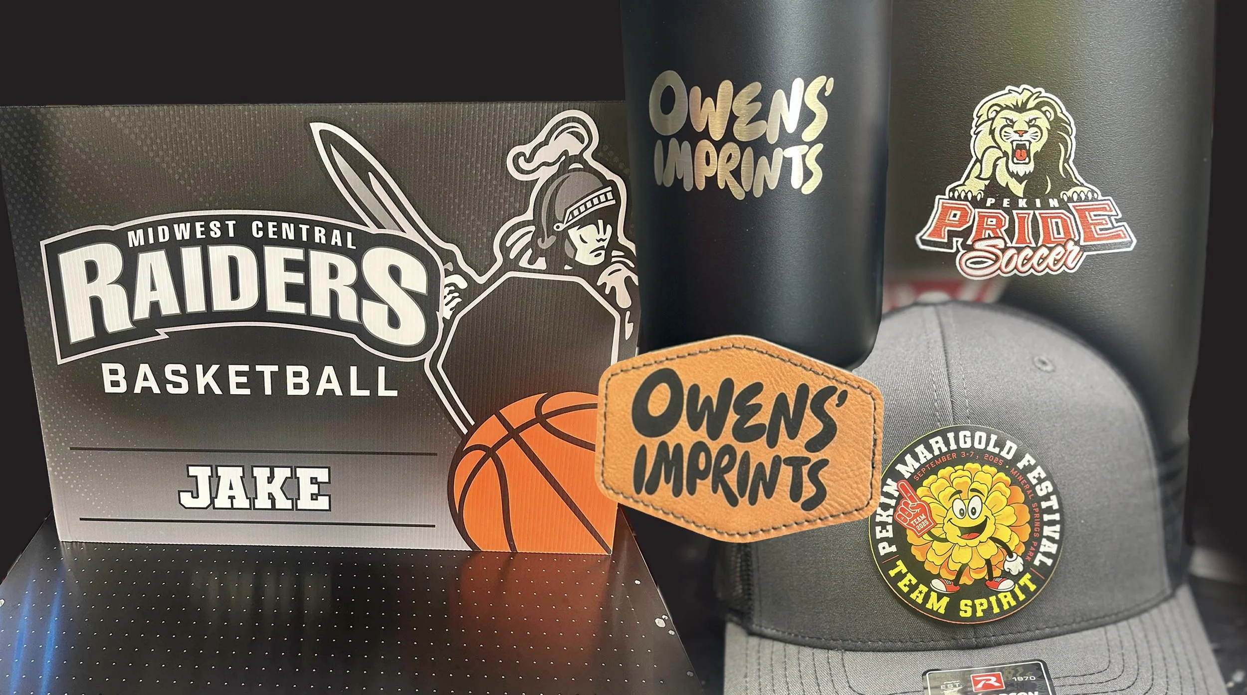 basketball award with the name Jake, various stickers including Owen's Imprints, Pride Soccer, and a yellow sunflower mascot for Perry Marigold Fest on a cap.