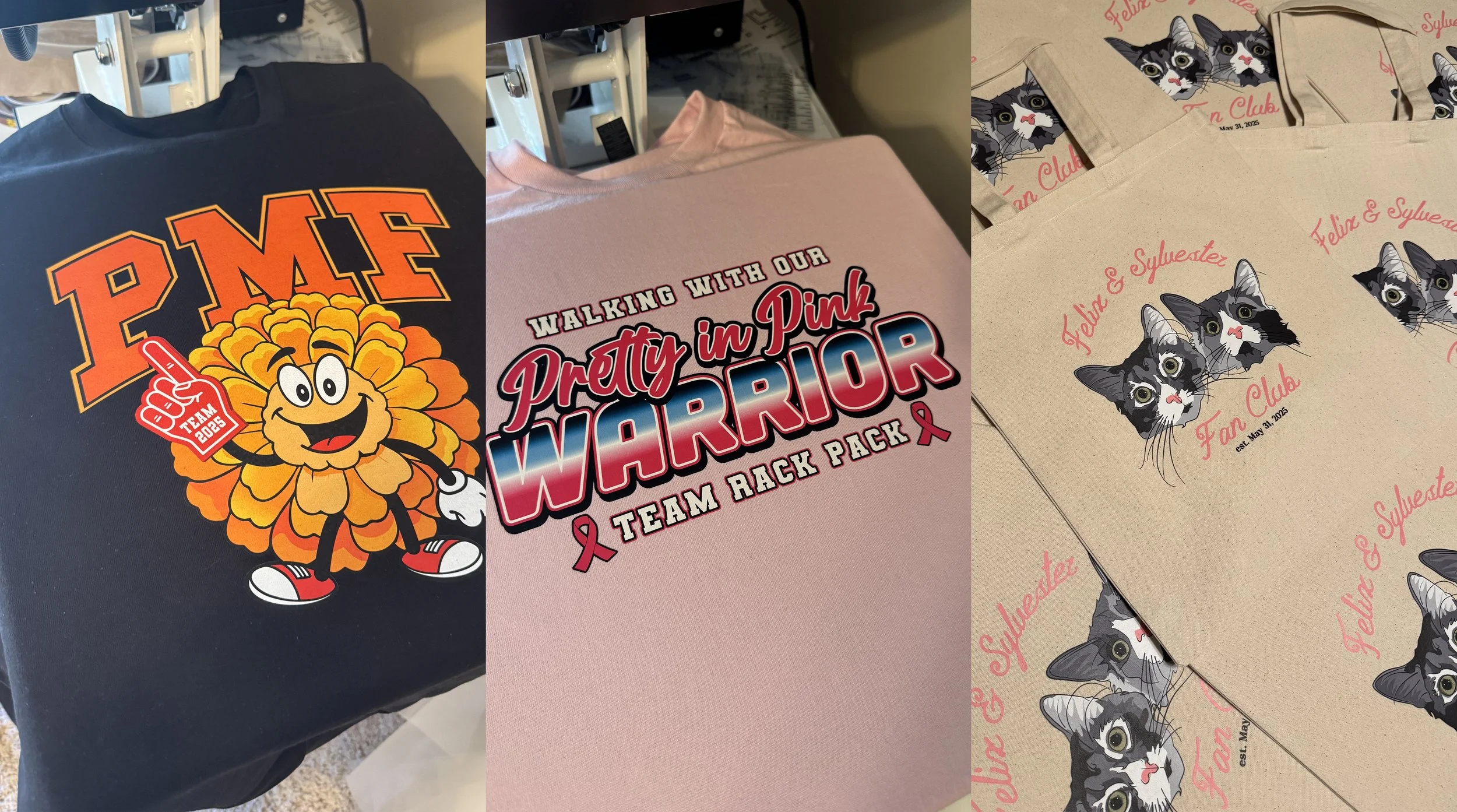 Three different T-shirts, all with themed graphics: the first with a cheerful flower mascot and bold orange text saying "P.M.F." and a small red ribbon; the second with pink text and graphics reading "Walking with our Pretty in Pink Warrior Team Rack Pack" and a pink ribbon; the third with multiple repeated graphics of a cat's face and pink text that says "Feline & Sylvester Fan Club".