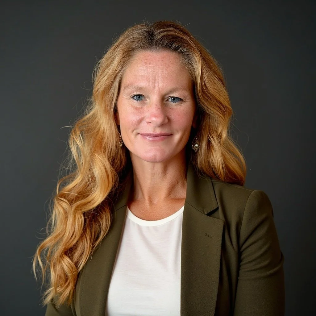 A woman with long, wavy red hair wearing a white shirt, olive green blazer, and earrings, smiling against a dark background.