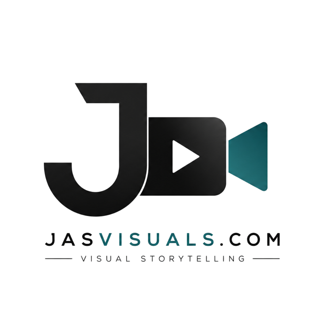 Logo with large black 'J' and 'Y' connected, a black play button in the center, and teal arrow pointing right. Text below reads 'JASMEYAS.COM' and '#VISUALSTORYTELLING'.