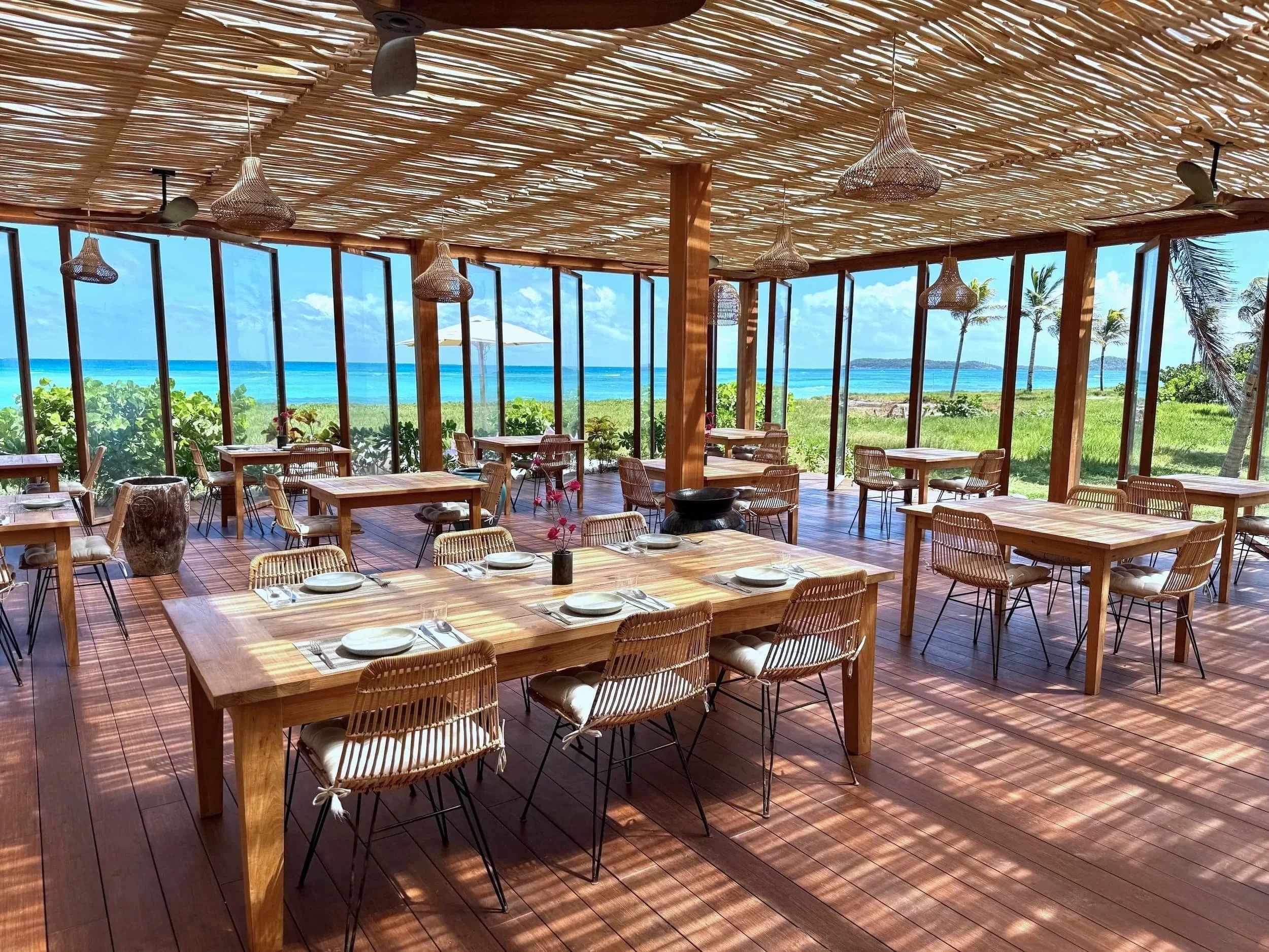 Open-air restaurant looking toward the Tobago Cays