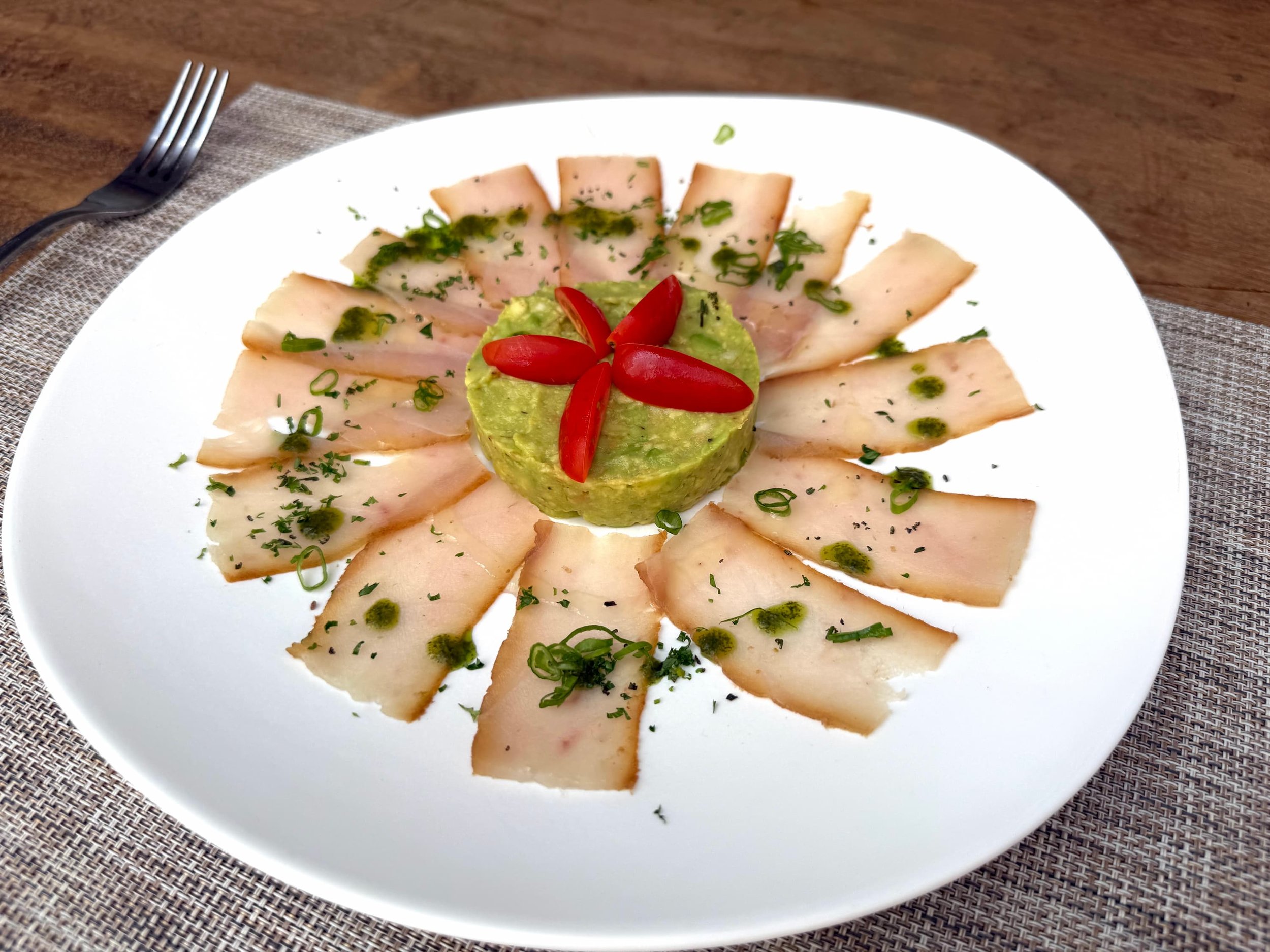 SMOKED MARLIN CRUDO ~ smoked blue marlin, avocado, fresh herbs, extra virgin olive oil
