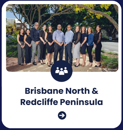 Group of ten people standing outdoors under a tree, dressed in business casual attire, with text that reads 'Brisbane North & Redcliffe Peninsula' and an icon of three people above the text.