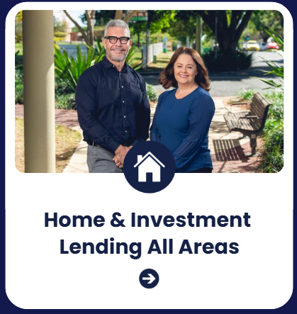 A man and woman smiling outdoors near benches and greenery, promoting home and investment lending services.