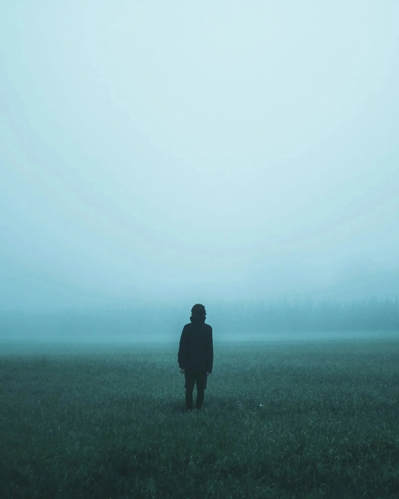 Silhouetted figure standing alone in a foggy field