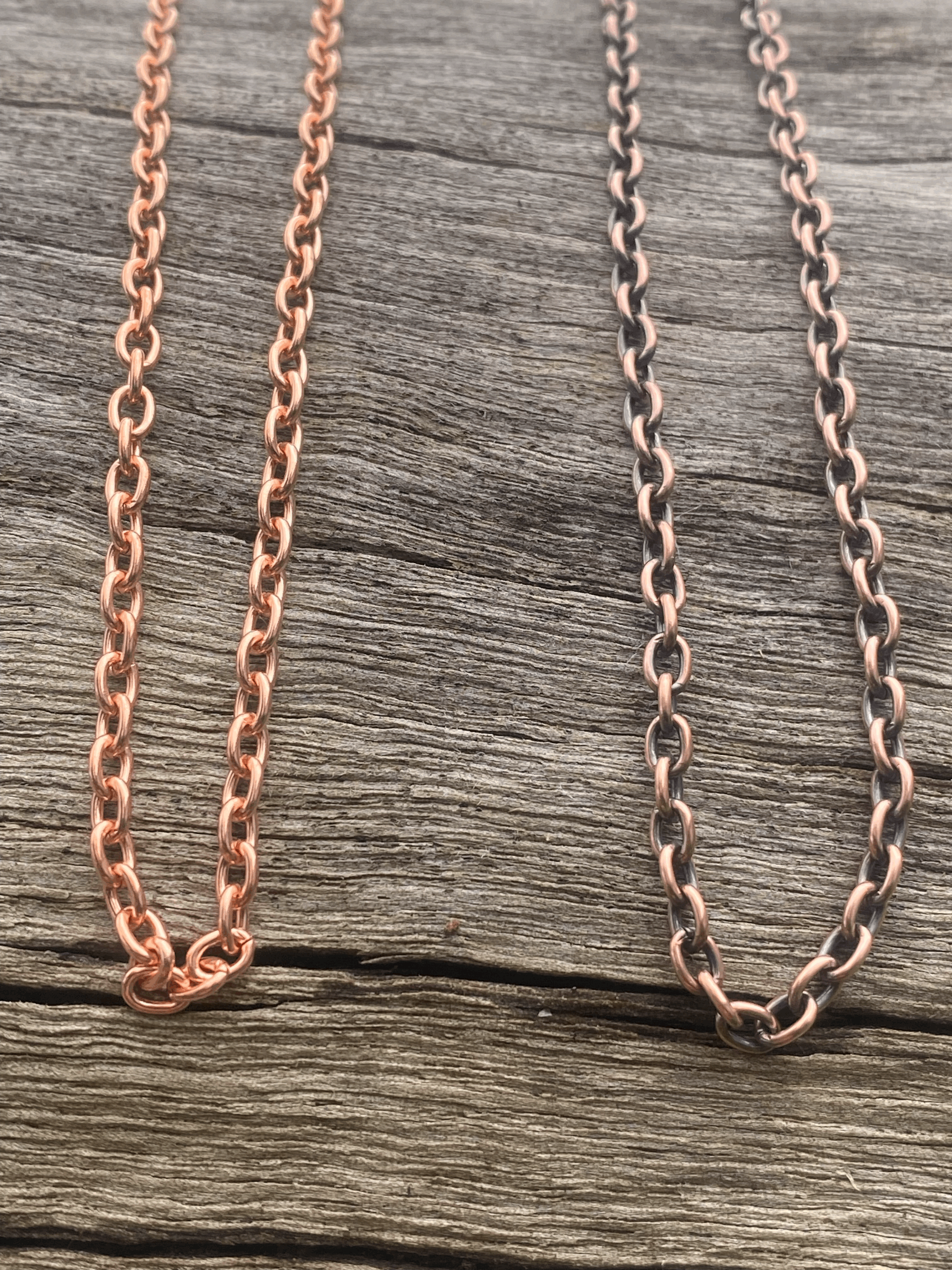 Pure Copper chains, one with a plain and the other a patina finish
