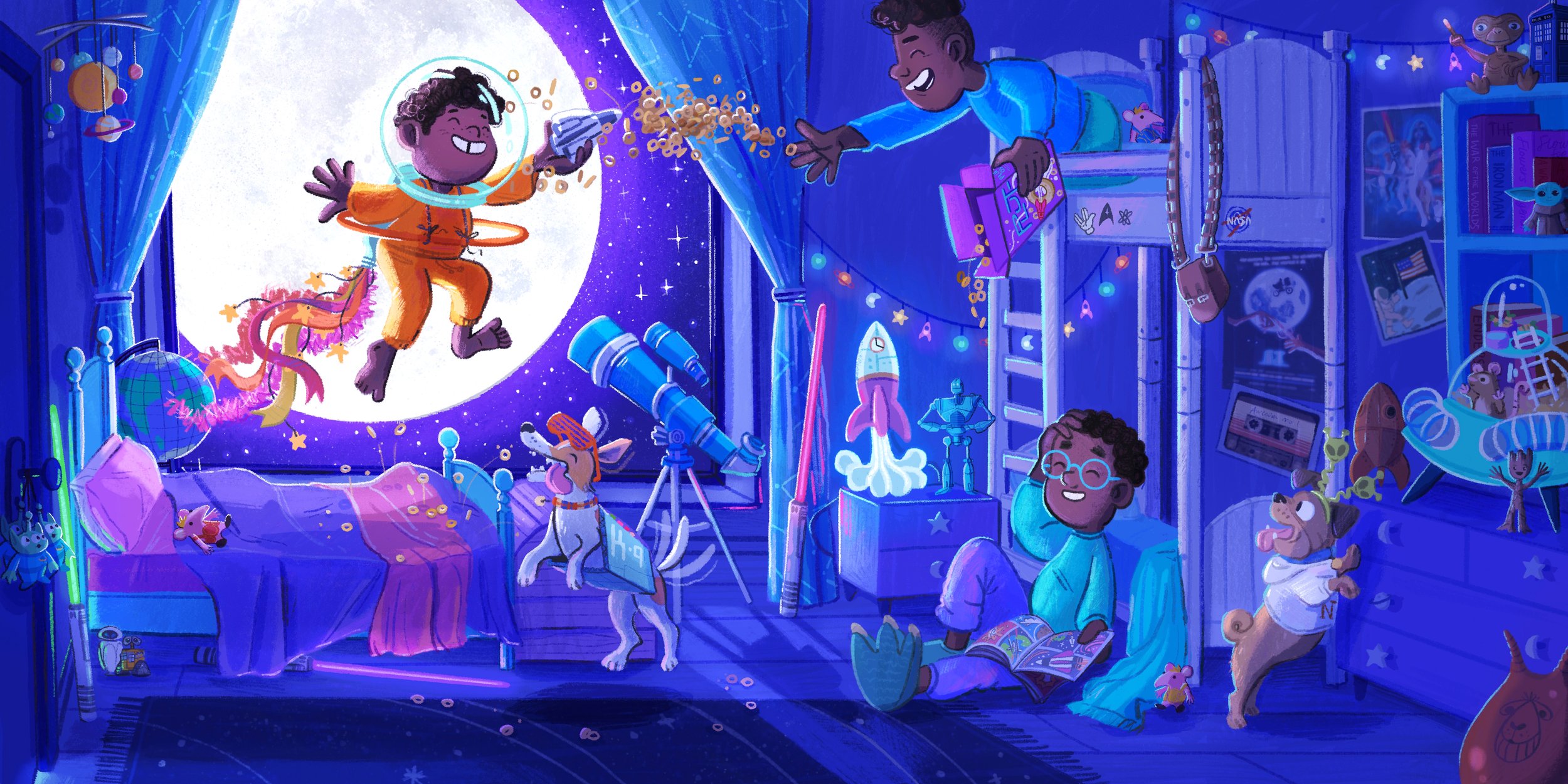 Space Themed Kids Bedroom Sleepover Children's Book Illustration