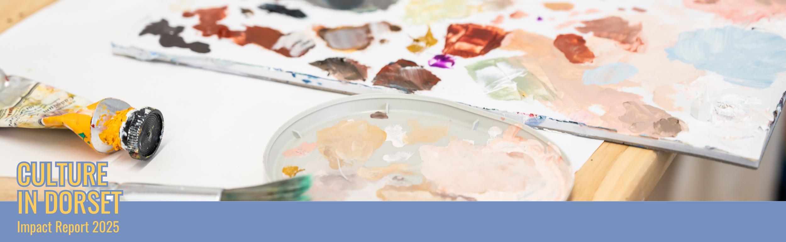Culture in Dorset Impact Report title with a photo of a paint pallet in the background