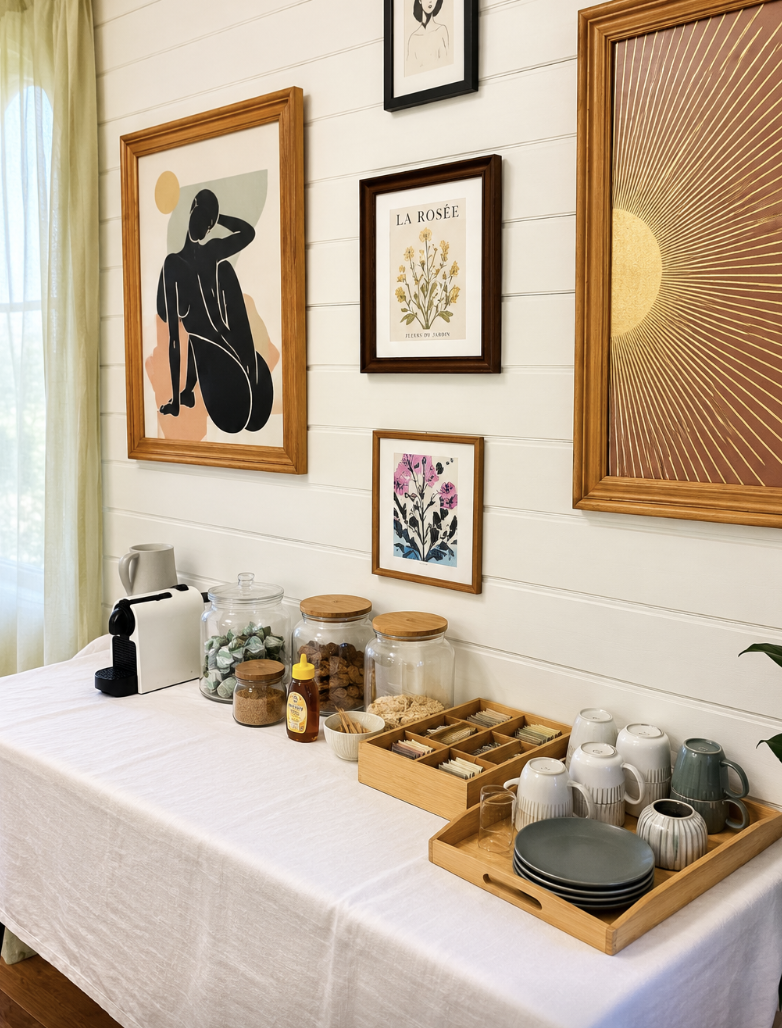 A table with coffee cups, plates, jars, and condiments in front of a white wooden wall decorated with framed artwork.