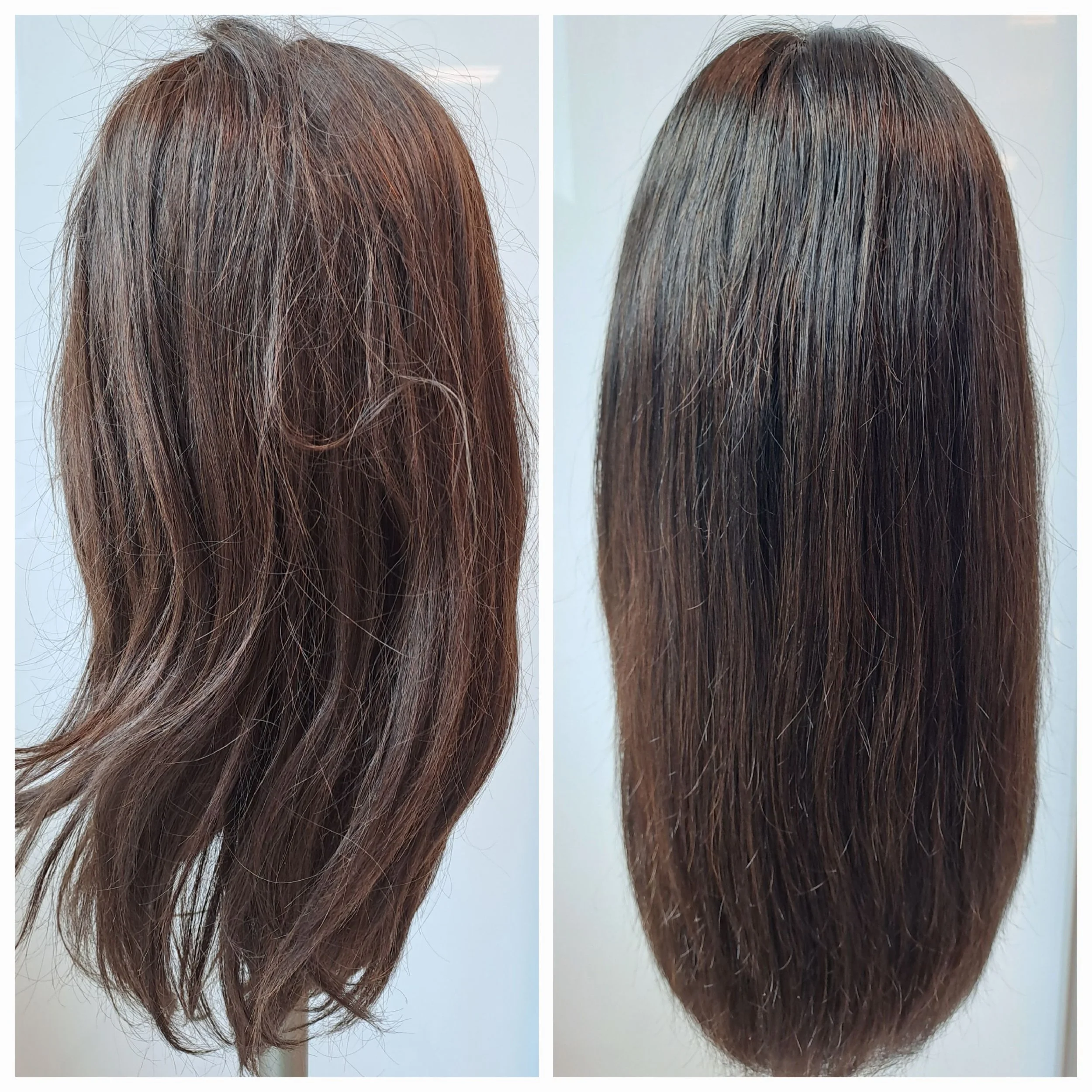 Before and after hair straightening comparison, showcasing wavy versus smooth straight hair on mannequin.
