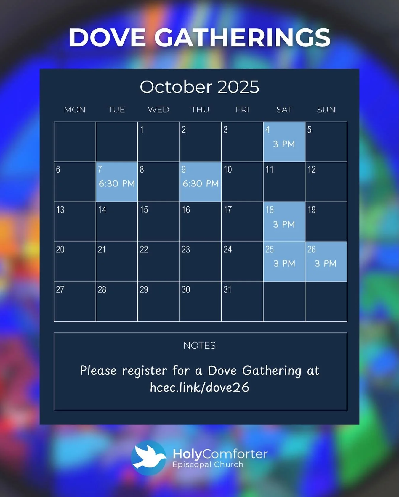 Happy October! There is still time to sign up for a Dove Gathering 🕊️
 
Signup to attend this fun time in a member&rsquo;s home as we discuss our current financial health, our 2026 budget, and how you can contribute to Holy Comforter&rsquo;s future.