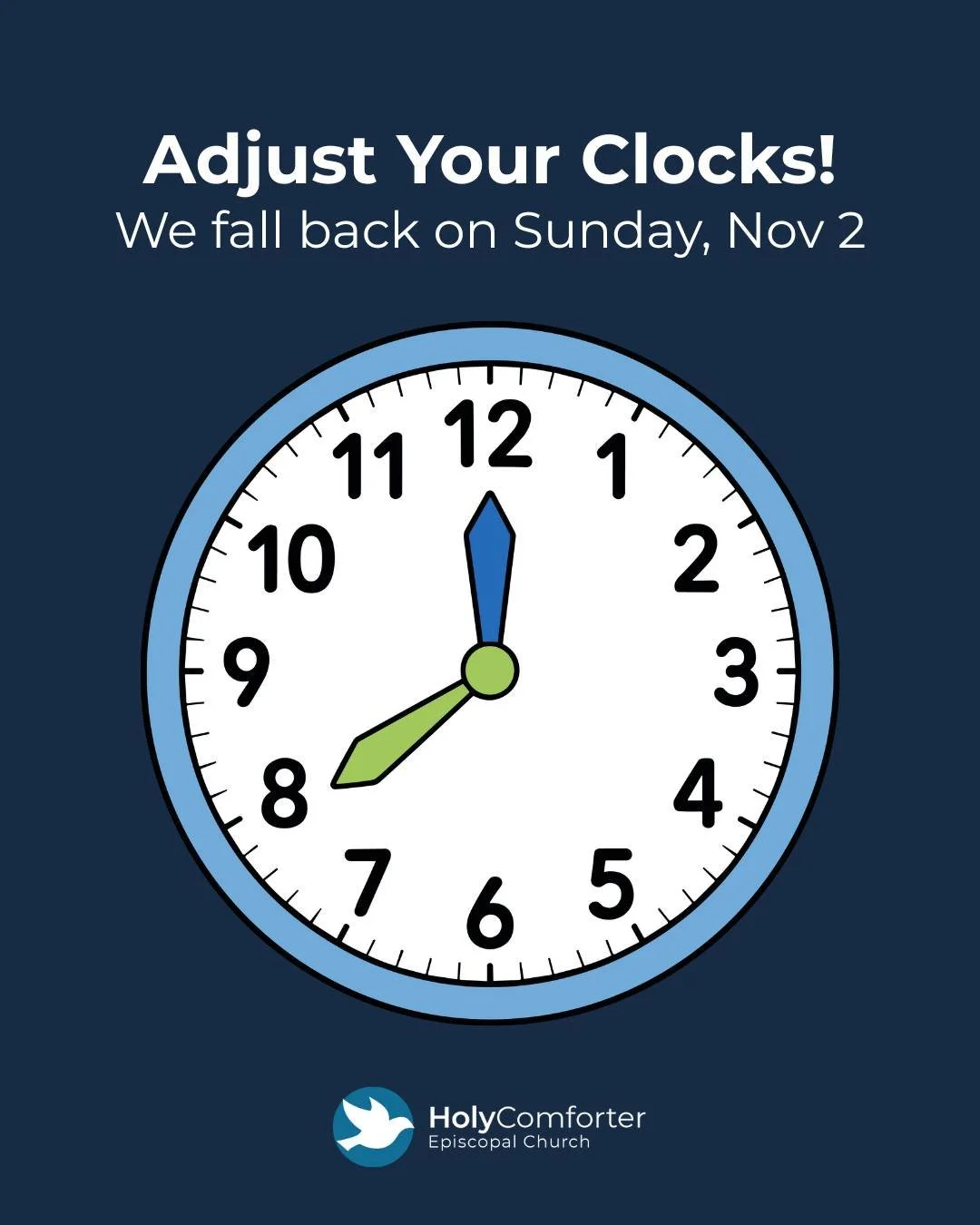 Heads up for the weekend: we fall back on Sunday, Nov 2. Don&rsquo;t forget to set clocks back an hour Saturday night&mdash;then come worship with us Sunday morning. All are welcome!