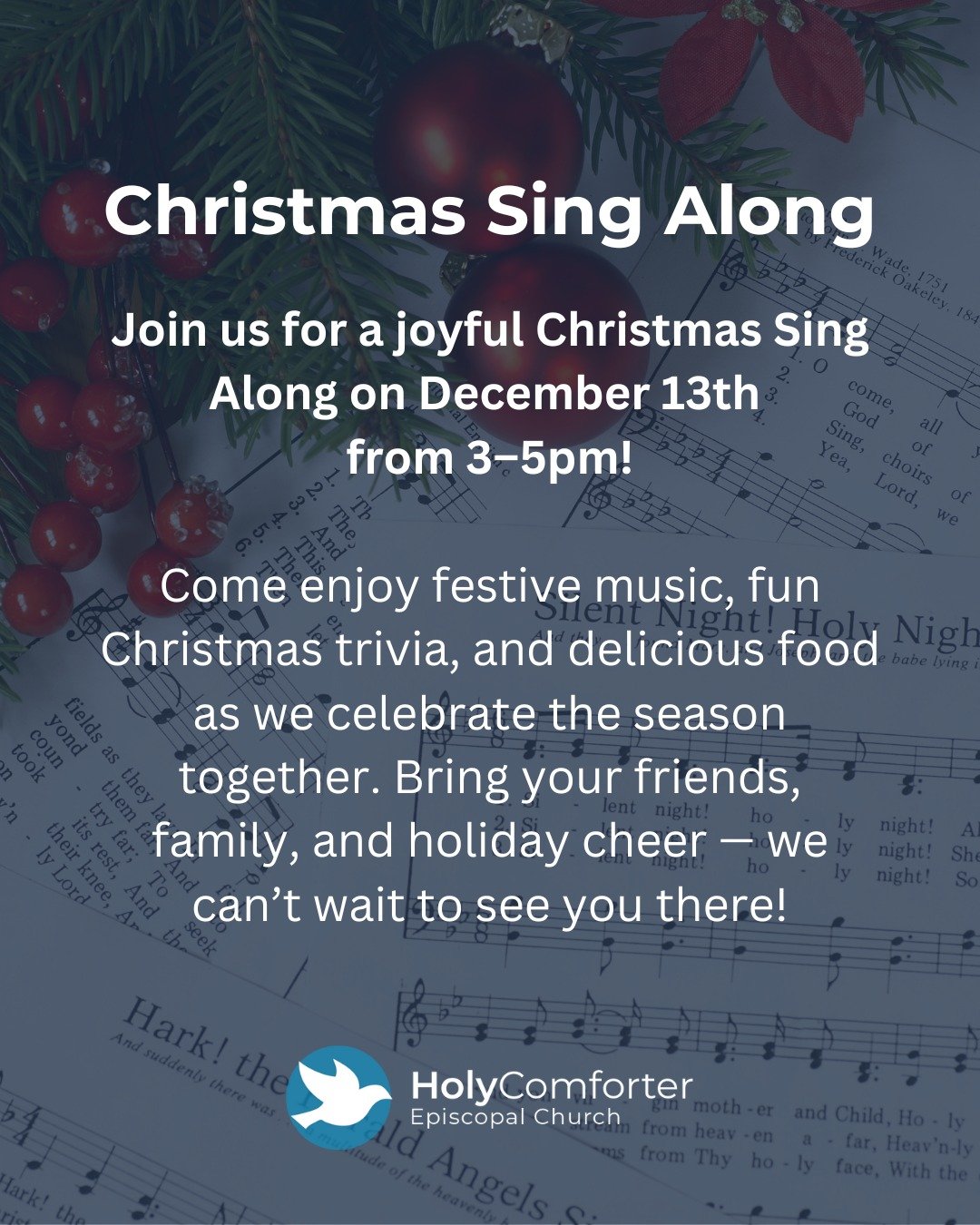 Join us for a joyful Christmas Sing Along this Saturday, December 13th from 3&ndash;5pm!

Come enjoy festive music, fun Christmas trivia, and delicious food as we celebrate the season together. Bring your friends, family, and holiday cheer &mdash; we