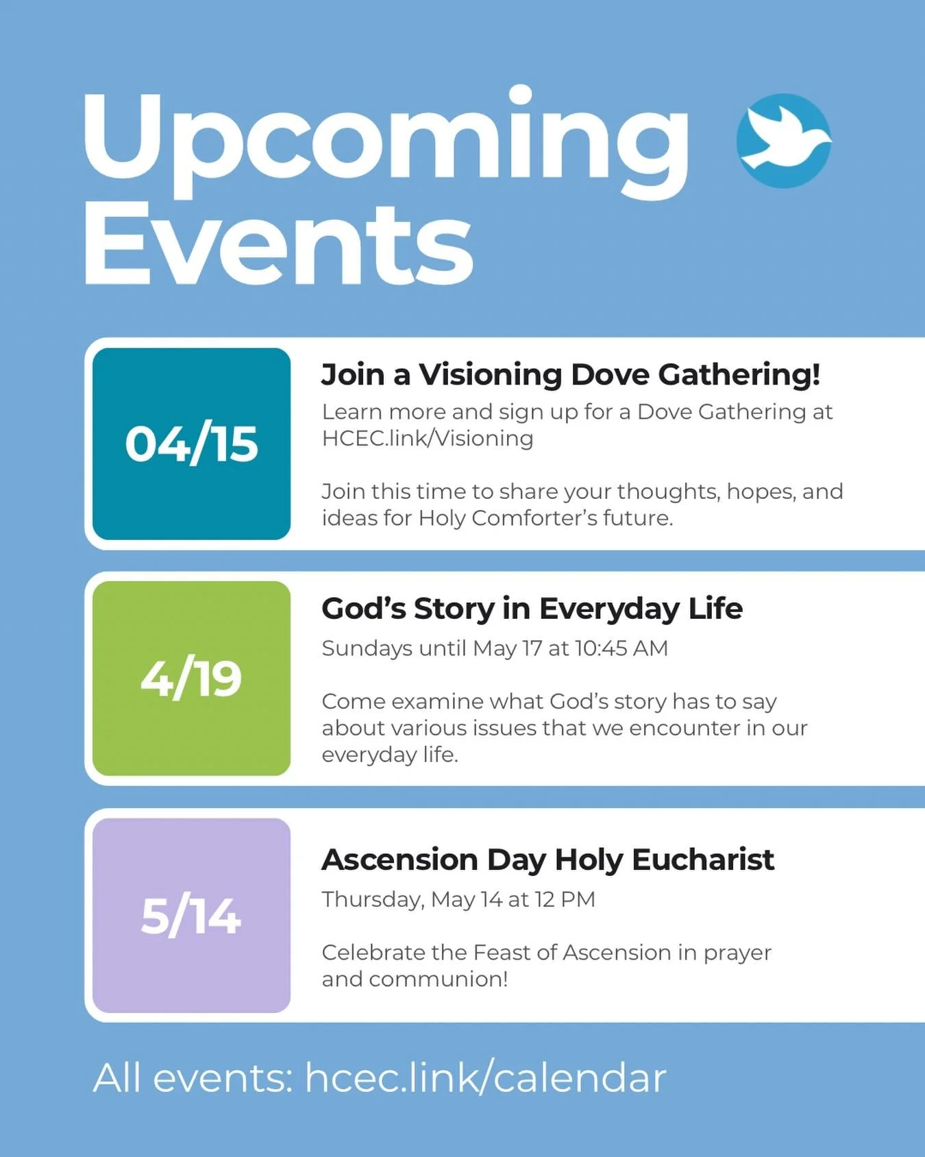 We have a lot of events coming up at Holy Comforter, and we invite you to join us! Learn more and add to your calendar at hcec.link/calendar