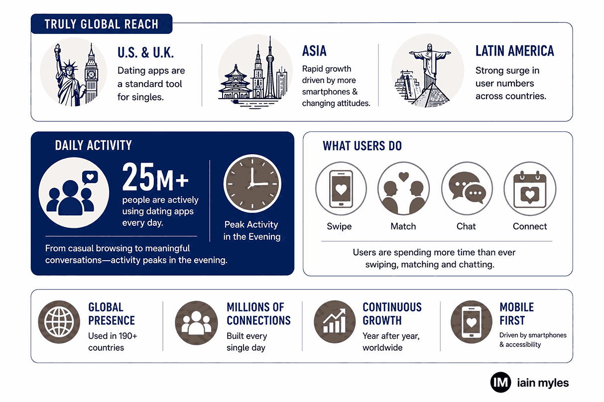 Infographic showing global growth and daily activity of dating apps