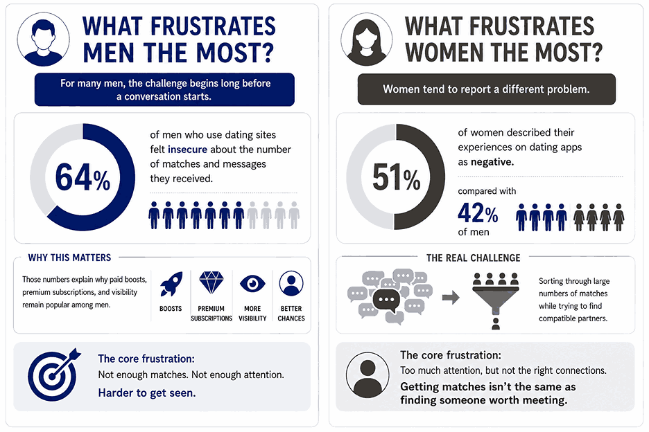 Infographic showing what frustrates men and women most on dating apps