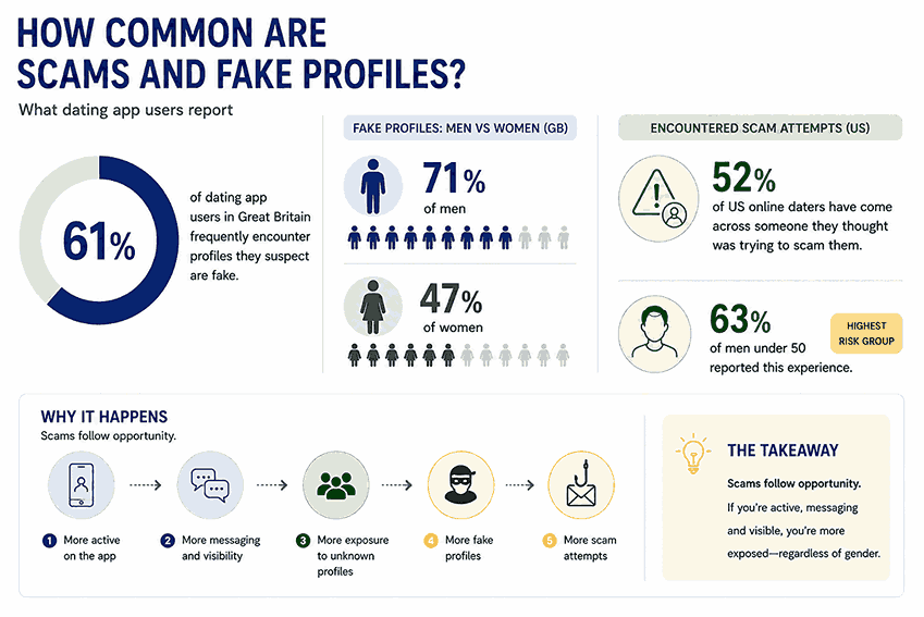 Infographic showing the scale of fraud and impersonation on dating platforms