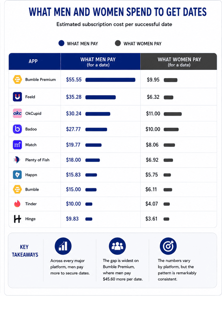 Infographic showing spending of men and women on dating apps subscription