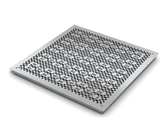 Perforated metal panel with a grid pattern.