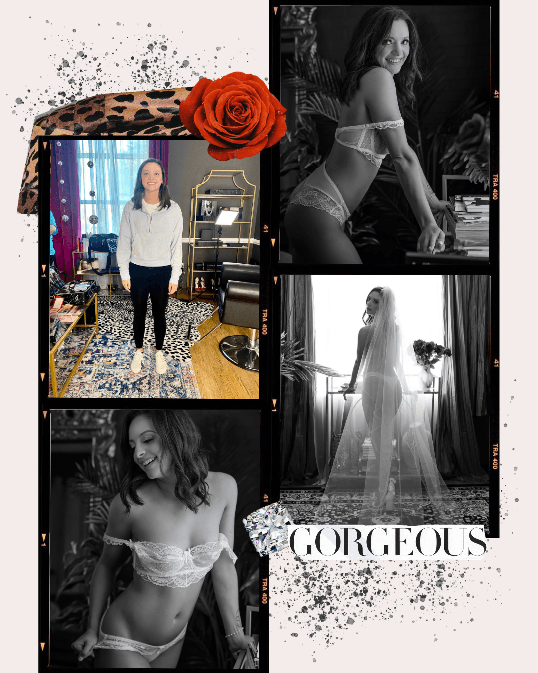 Collage of five photos featuring a woman; three are black and white, showing her in lingerie and a wedding dress, one in color of her in a casual outfit in a room, and one of a smiling woman with long hair. The collage includes decorative elements like a red rose, leopard print, diamond, and the word "GORGEOUS".