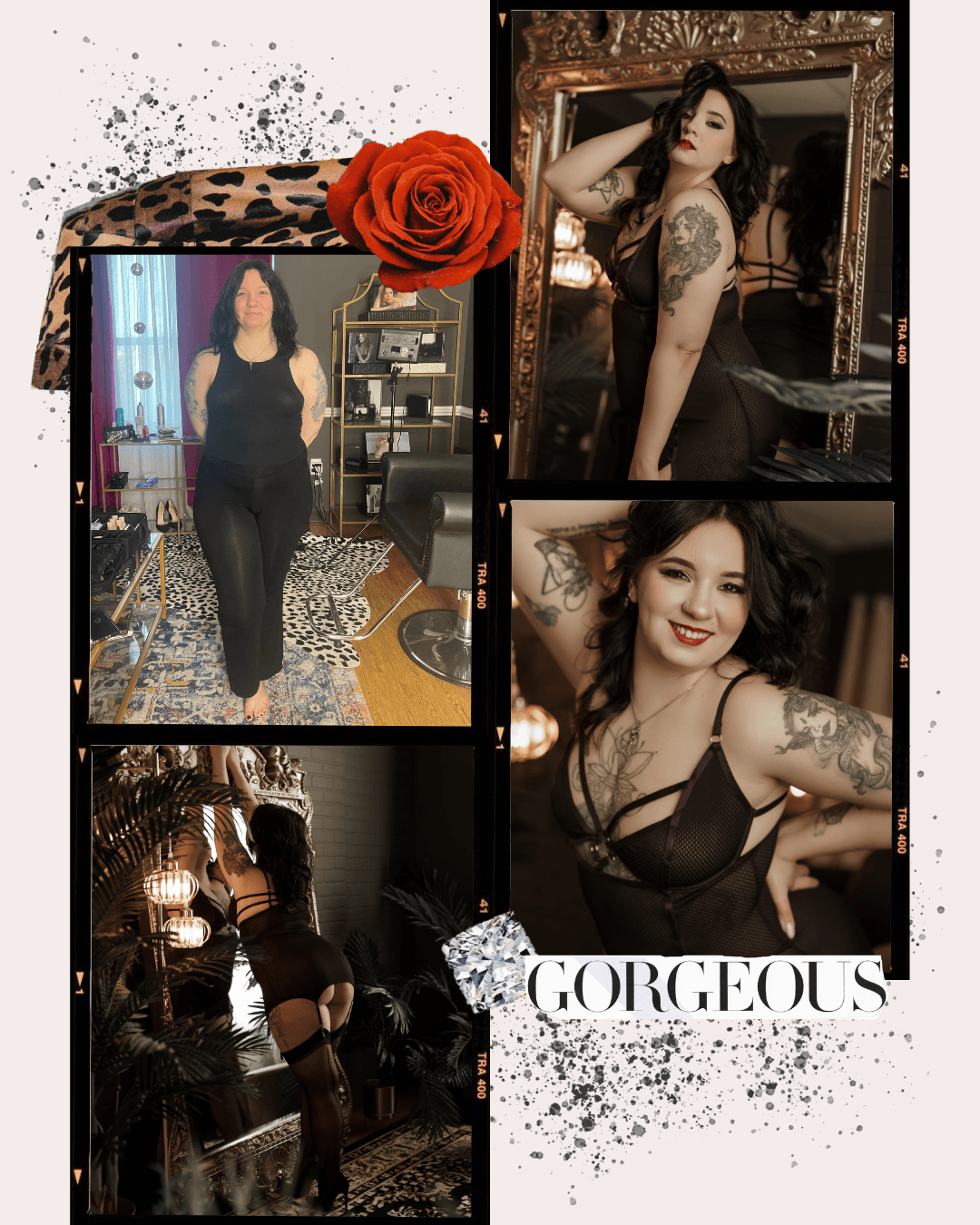 A collage of four photos of a woman with dark, wavy hair, tattoos, and wearing black lingerie and leggings in different poses. The collage includes decorative elements like a red rose, leopard print, sparkles, a jewelry diamond, and a leopard-print banner. The background features a dark, glittery design with the word "GORGEOUS" at the bottom.