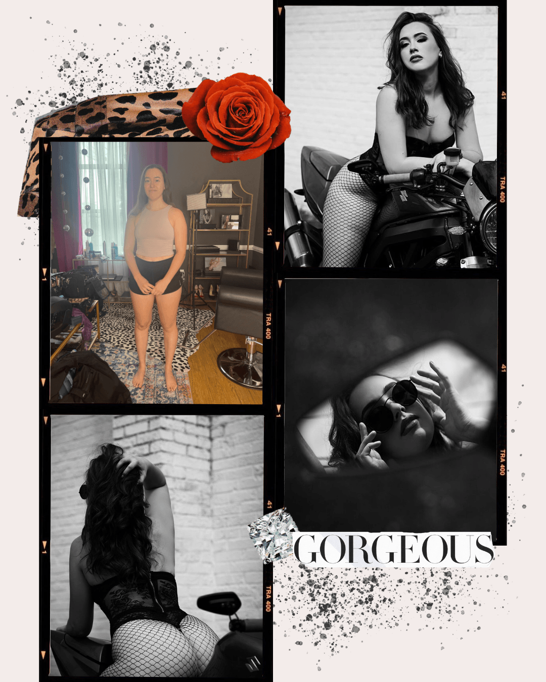 Collage of five photos of a woman, some in color and others in black and white, featuring her posing with sunglasses, in a bedroom, and on a motorcycle, decorated with a red rose, leopard print, and the word 'GORGEOUS' with a diamond embellishment.