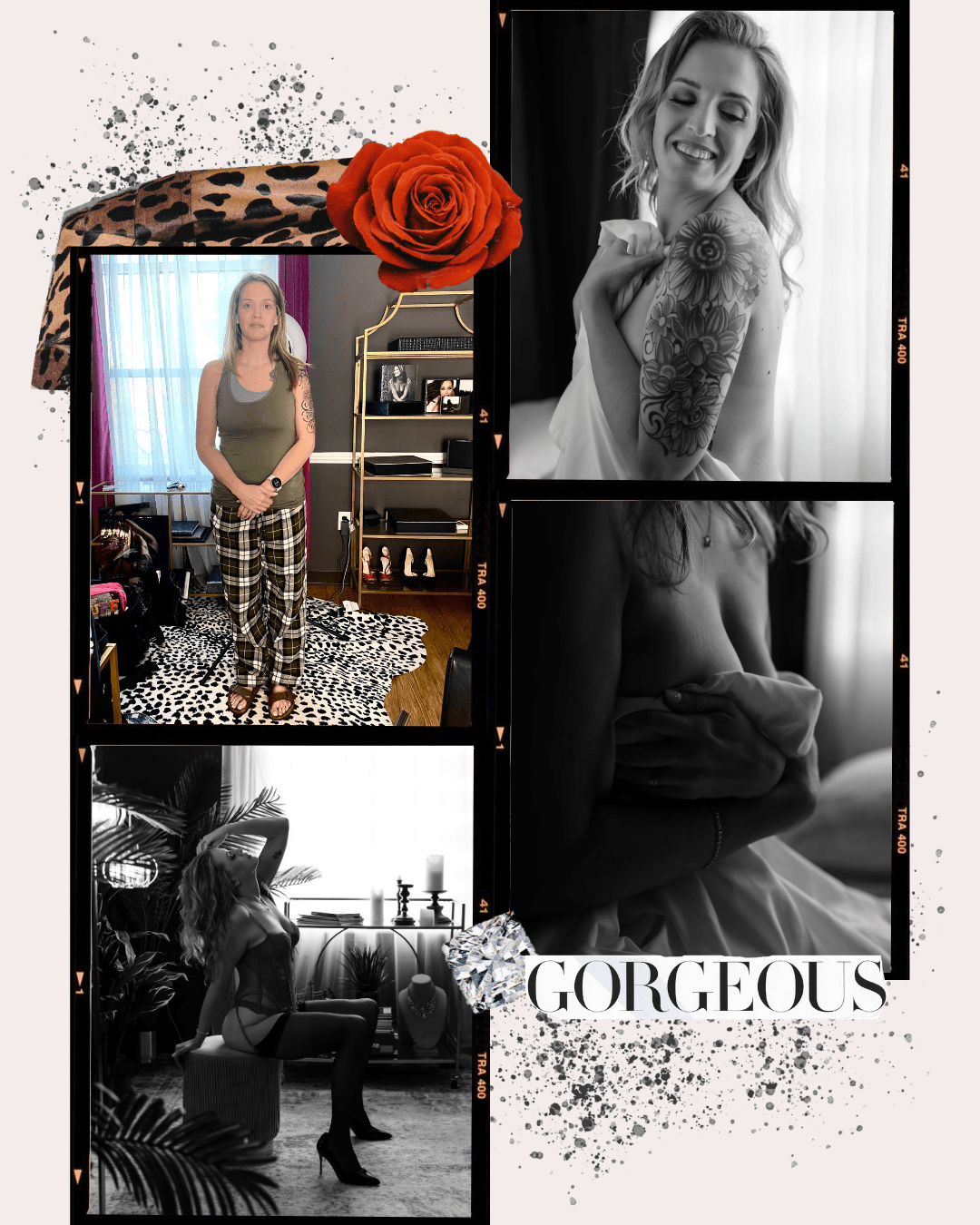 Collage of five women in various poses, including one in casual pajamas standing in a room, one smiling with a tattoo on her arm, one partially nude holding a sheet, one sitting on a stool with a thigh-high stocking, and a close-up of a woman with long hair and a tattoo. The collage features a decorative flower, animal print, and the word "GORGEOUS" on a sparkly black background.