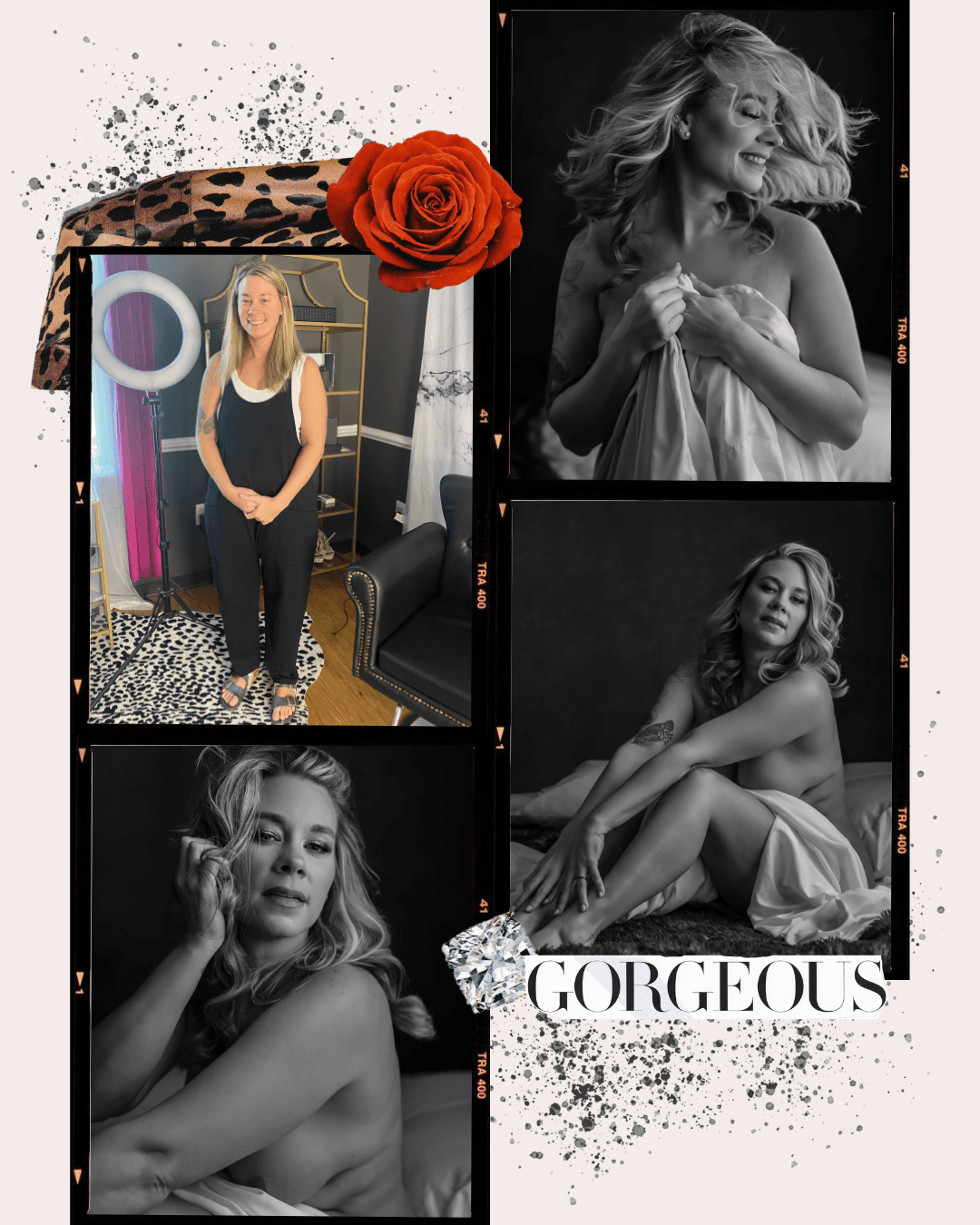 A collage of a woman with different poses, including black-and-white and color photos, with a red rose, leopard print fabric, and the word 'GORGEOUS' decorated with a diamond, on a dark background with pink splashes.
