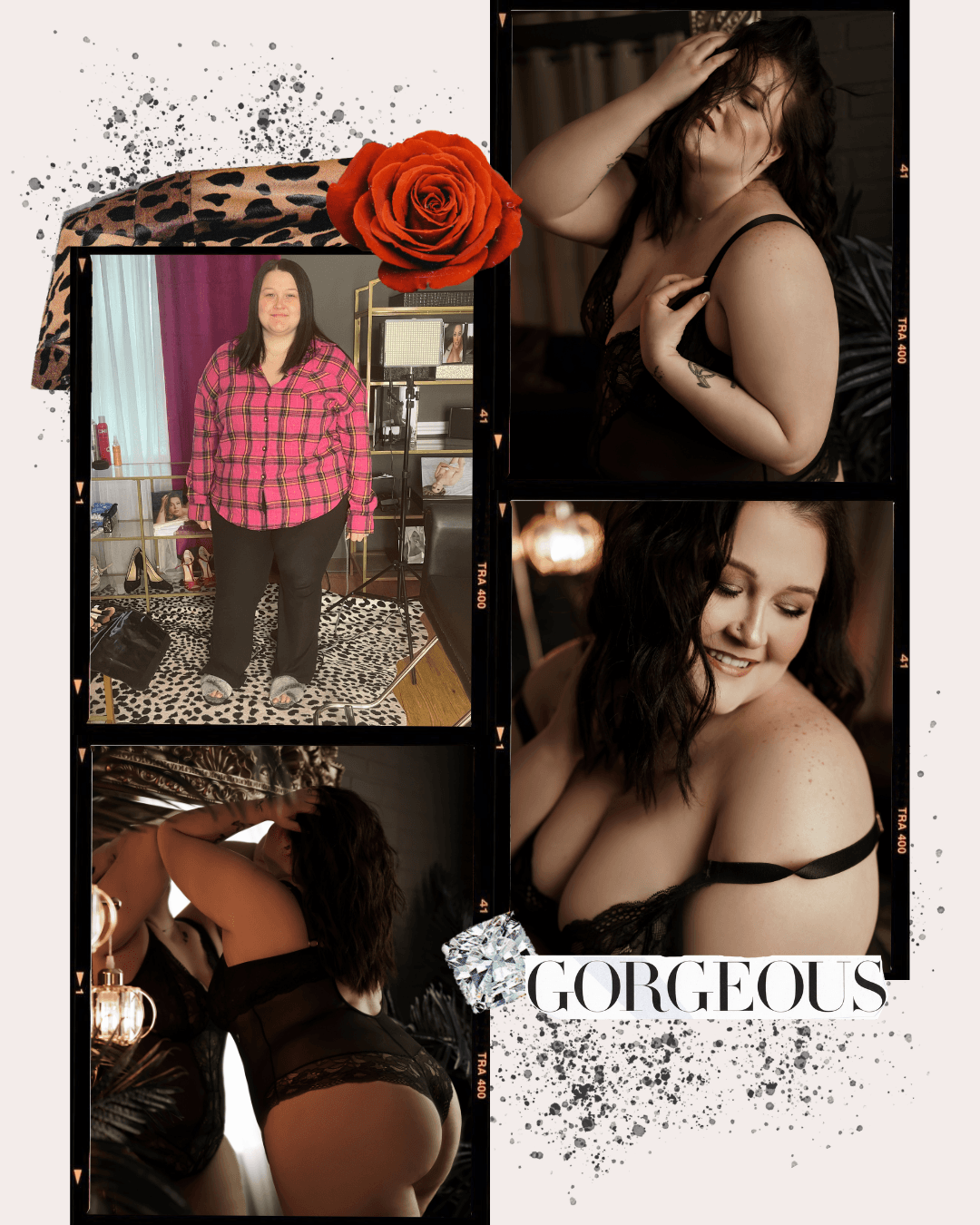 Collage of five photos featuring a woman, including one full-body shot in pajamas standing in a room, and four artistic portraits of her in lingerie with dark, moody lighting. The collage decor includes a rose, leopard print, and glitter effects, with the word "GORGEOUS" and a diamond icon.