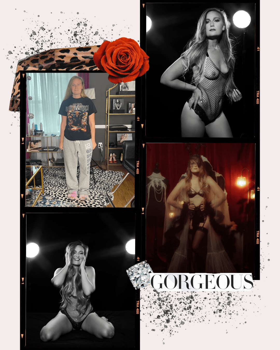 A collage featuring a woman in various glamorous and casual outfits, with decorative elements like a rose, leopard print fabric, and diamonds, accompanied by the word 'GORGEOUS' in a fashion-themed style.