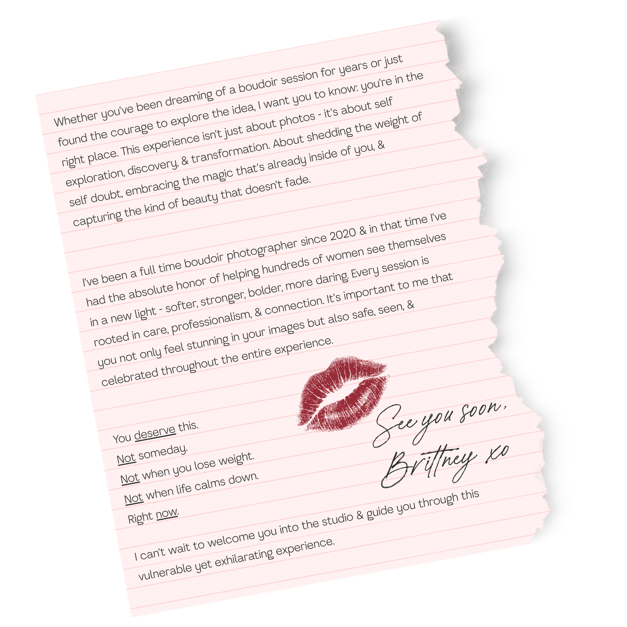 A torn pink lined paper with a handwritten note, a lipstick kiss mark, and a signature that says 'See you soon, Britney xo'. The note talks about a boudoir photography experience and encourages self-love and confidence.