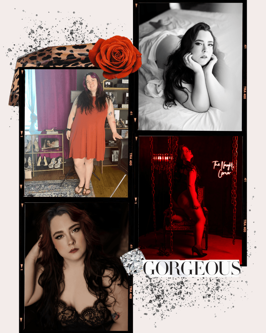A collage of five photos featuring a woman with dark hair and tattoos. The photos include her posing in various settings: standing with red lipstick, lying on a bed in black and white, sitting on a swing in a red-lit room with chains, and close-ups of her face. The collage has a background with black and pink paint splatters, a leopard print ribbon, a red rose, and the word 'GORGEOUS' with a diamond graphic.