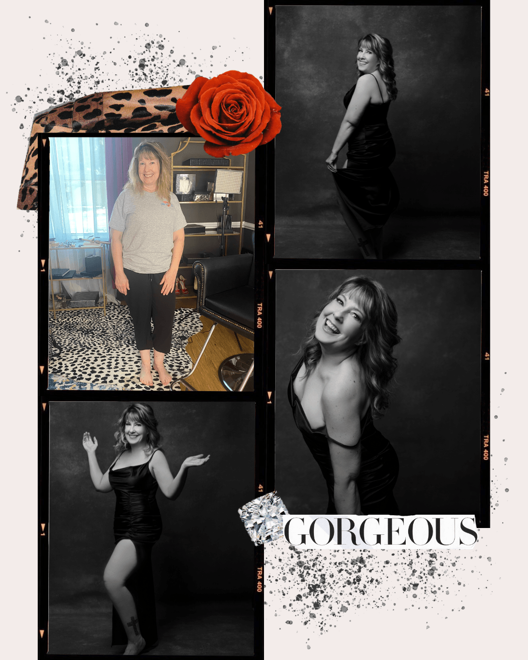 Collage of a woman in a casual outfit and glamour shots, with a red rose, leopard print, and a diamond icon, captioned with the word 'GORGEOUS'.