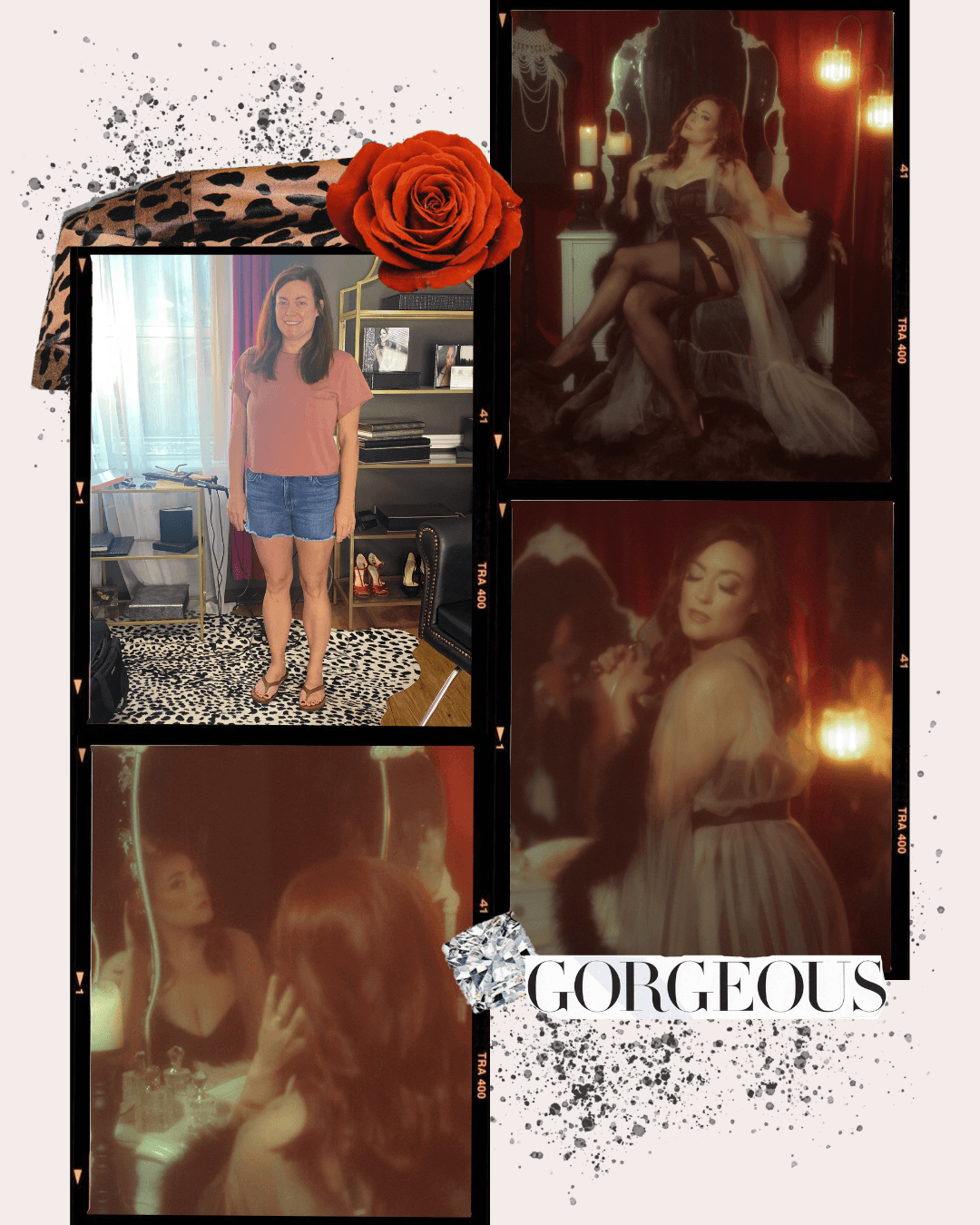  collage of five photos with a central woman in casual and glamorous settings, a red rose, leopard print, and a diamond, with the word 'GORGEOUS' at the bottom.