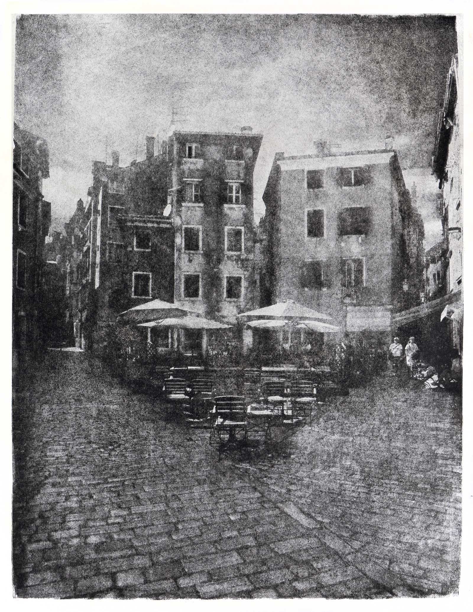 black and white photographic monoprint of cafe