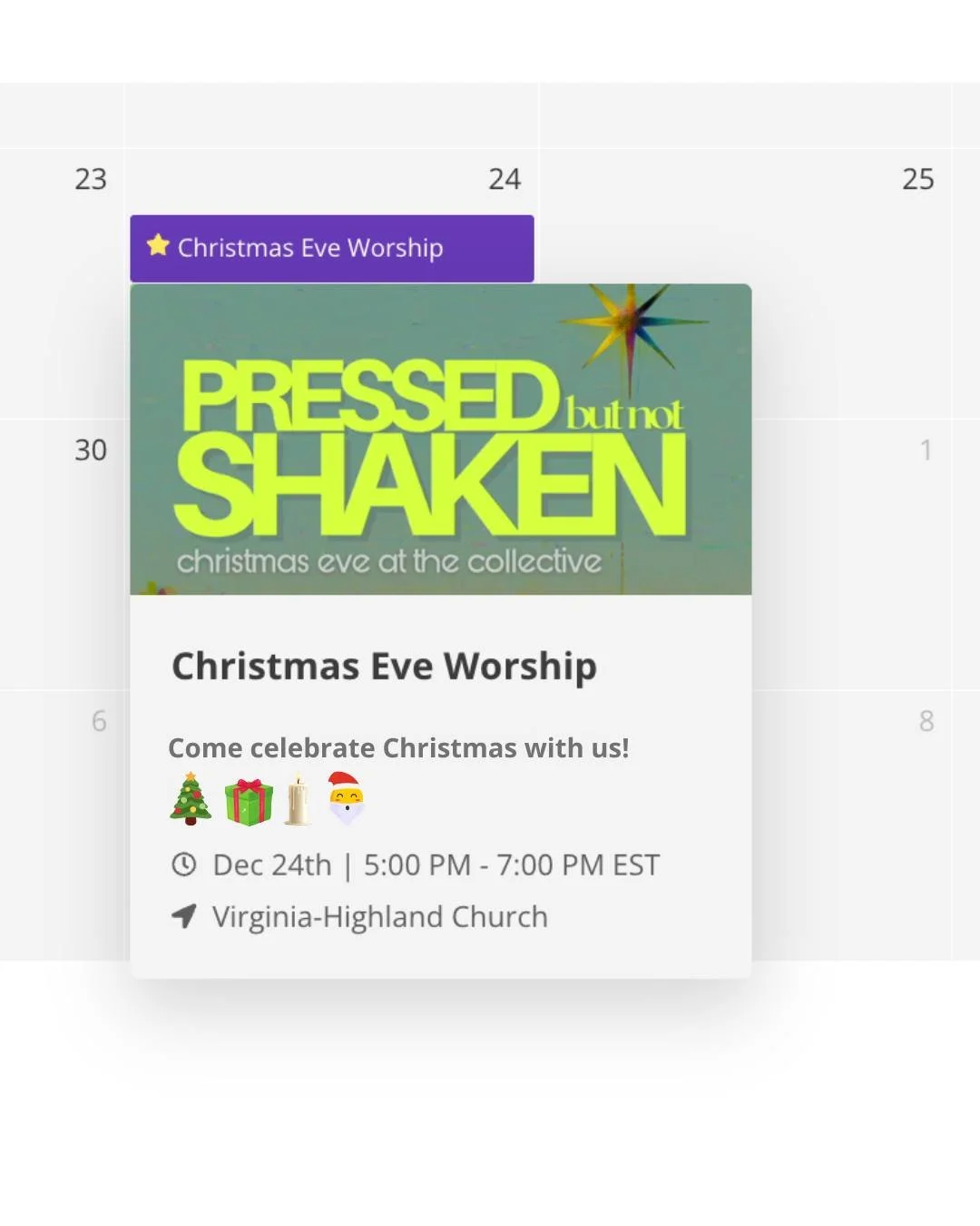 For anyone feeling pressed this season, here&rsquo;s a place to breathe.

Join us for Christmas Eve at the Collective as we celebrate the beauty and hope of the season. Our theme this year is Pressed but Not Shaken and we would love to share this mom