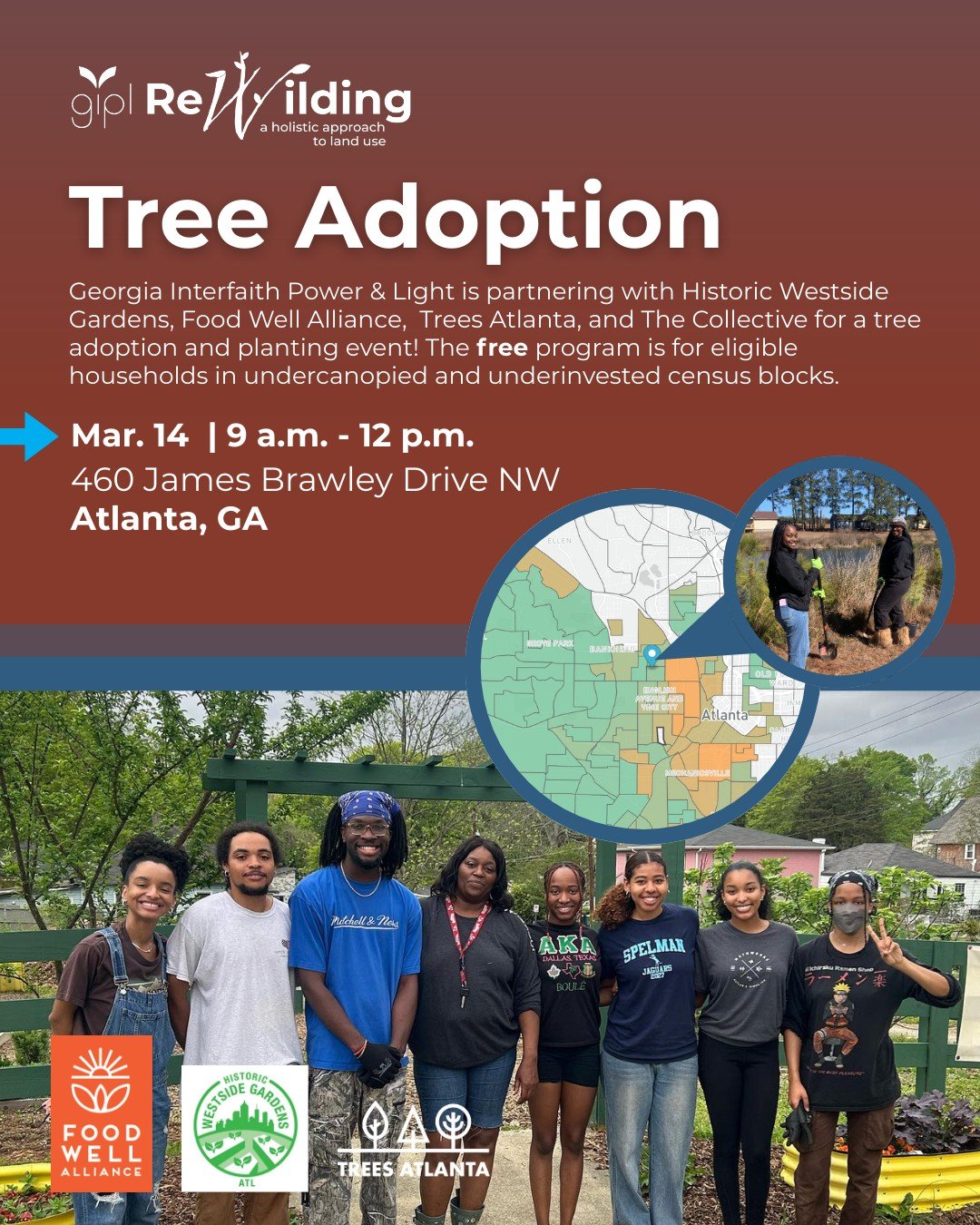 🌳 Help Us Plant Trees with The Collective!

We&rsquo;re looking for FOUR volunteers to join us for a tree planting event hosted by Georgia Interfaith Power &amp; Light.

This event helps increase tree canopy in neighborhoods that need it most&mdash;