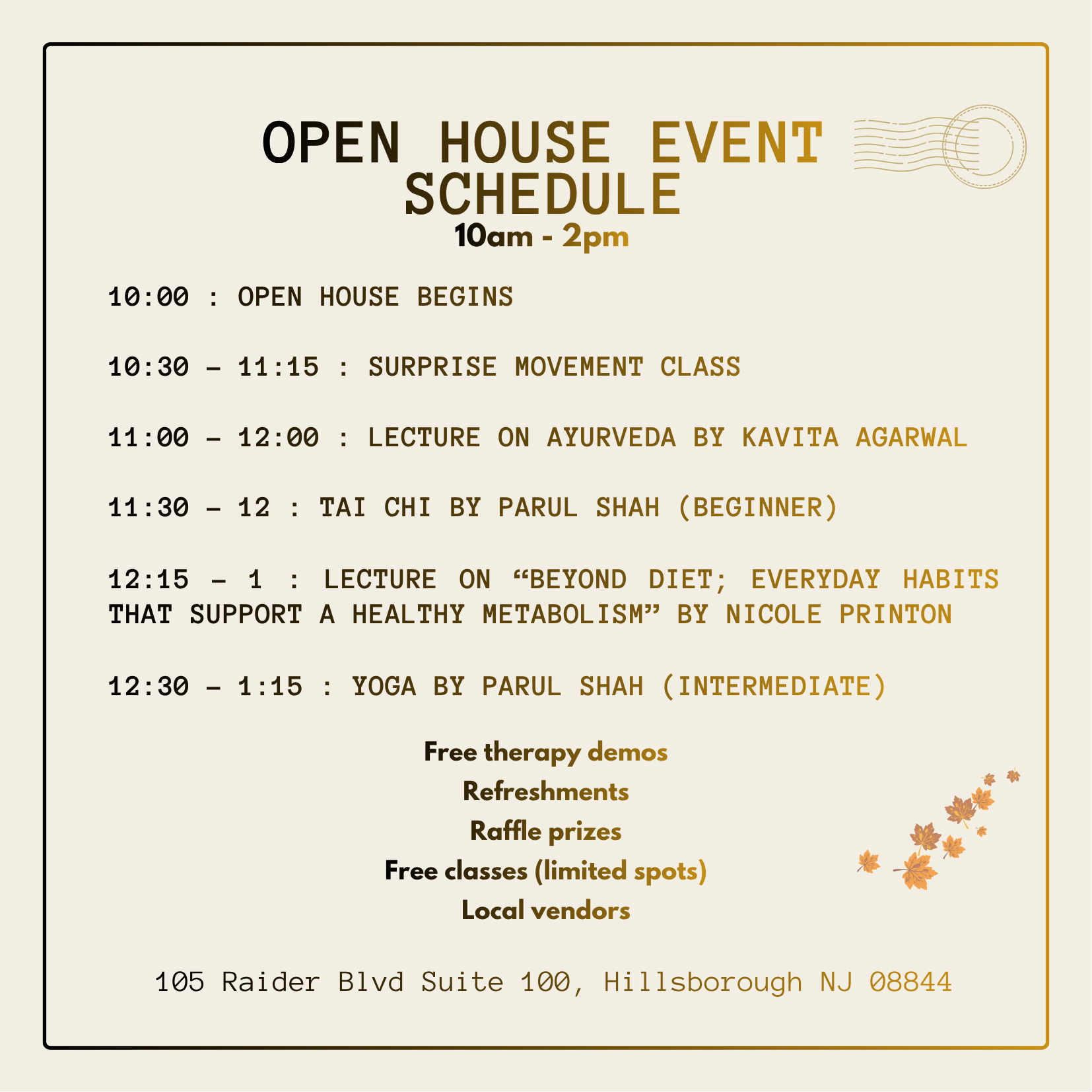 Open house event schedule with activities and timing, including free therapy demos, refreshments, raffle prizes, free classes, and local vendors, located at 105 Raider Blvd Suite 100, Hillsborough NJ.