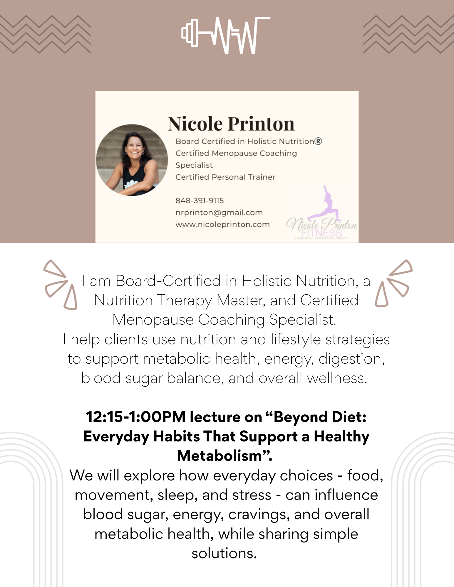 Business card for Nicole Printon featuring her photo, qualifications in holistic nutrition, menopause coaching, and personal training, along with contact details. The design includes simple, clean graphics such as a heartbeat line and a woman in a yoga pose, with muted earthy tones.