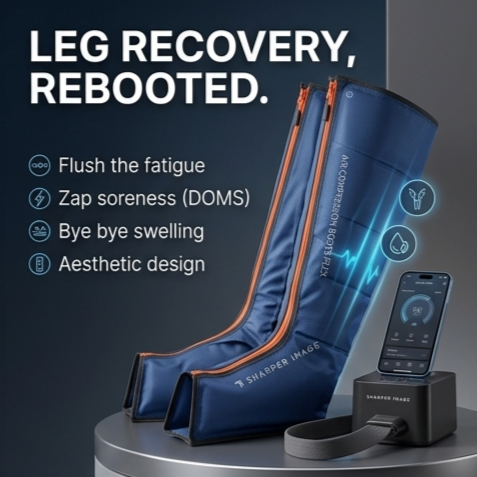 Air compression boots in blue, with description of its benefits such as improved blood circulation,  decreased muscle soreness, and reduced body fatigue.