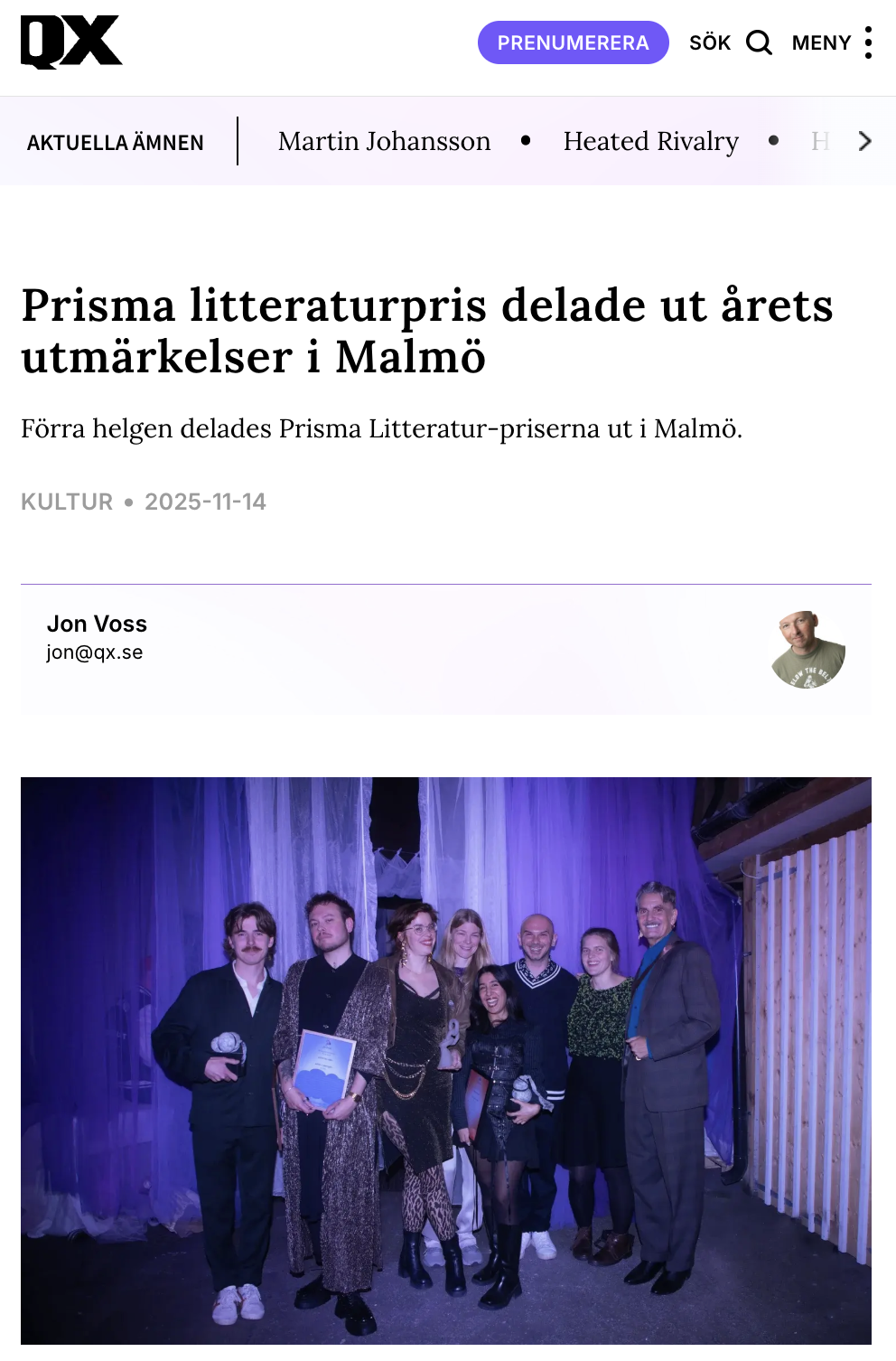 QX, 20251114: Prisma litteraturpris delade ut årets utmärkelser i Malmö
