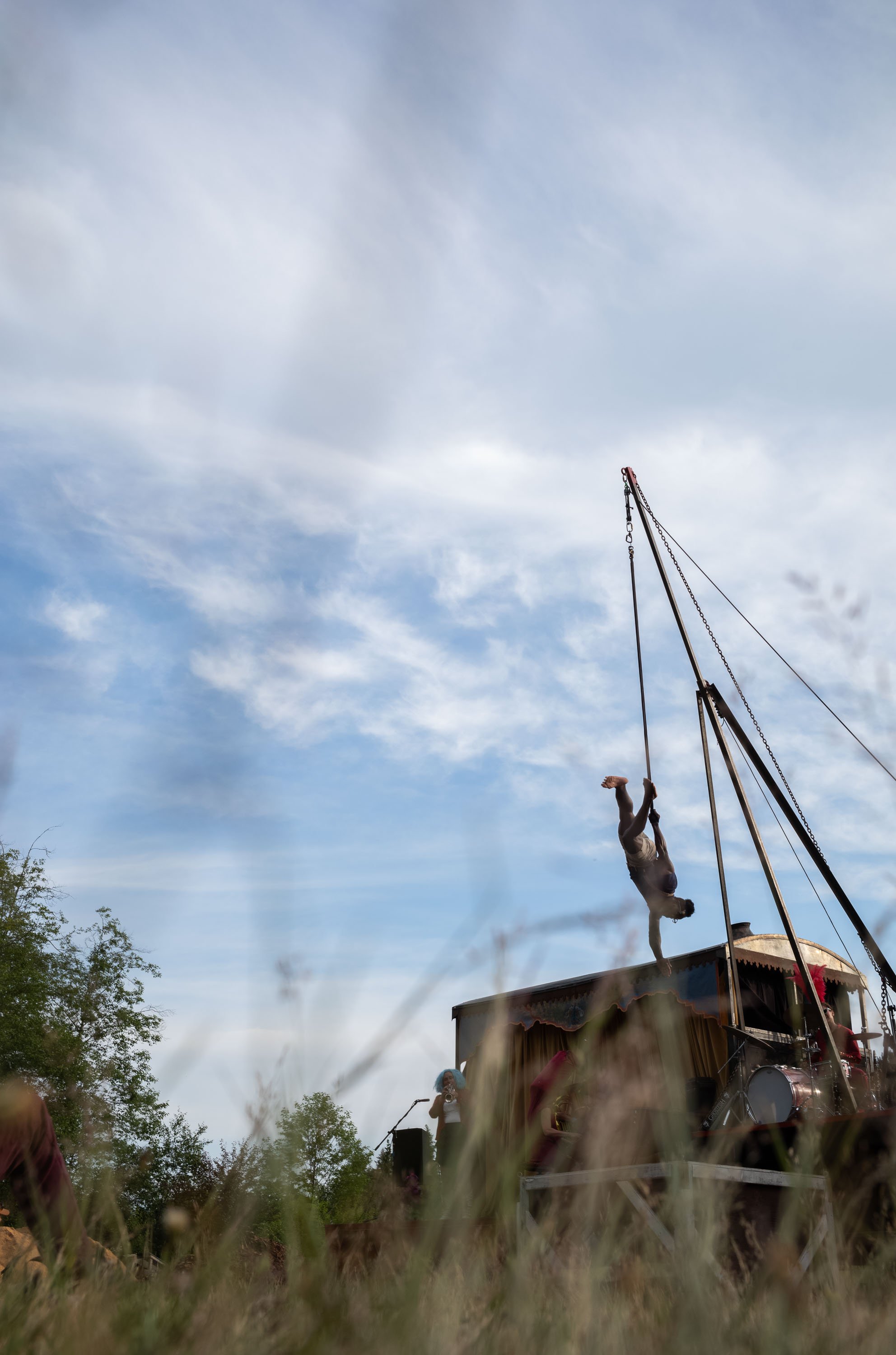  The Up Up Up Crane Truck Circus performs near Bellingham, Washington State, USA on June 27, 2023. 