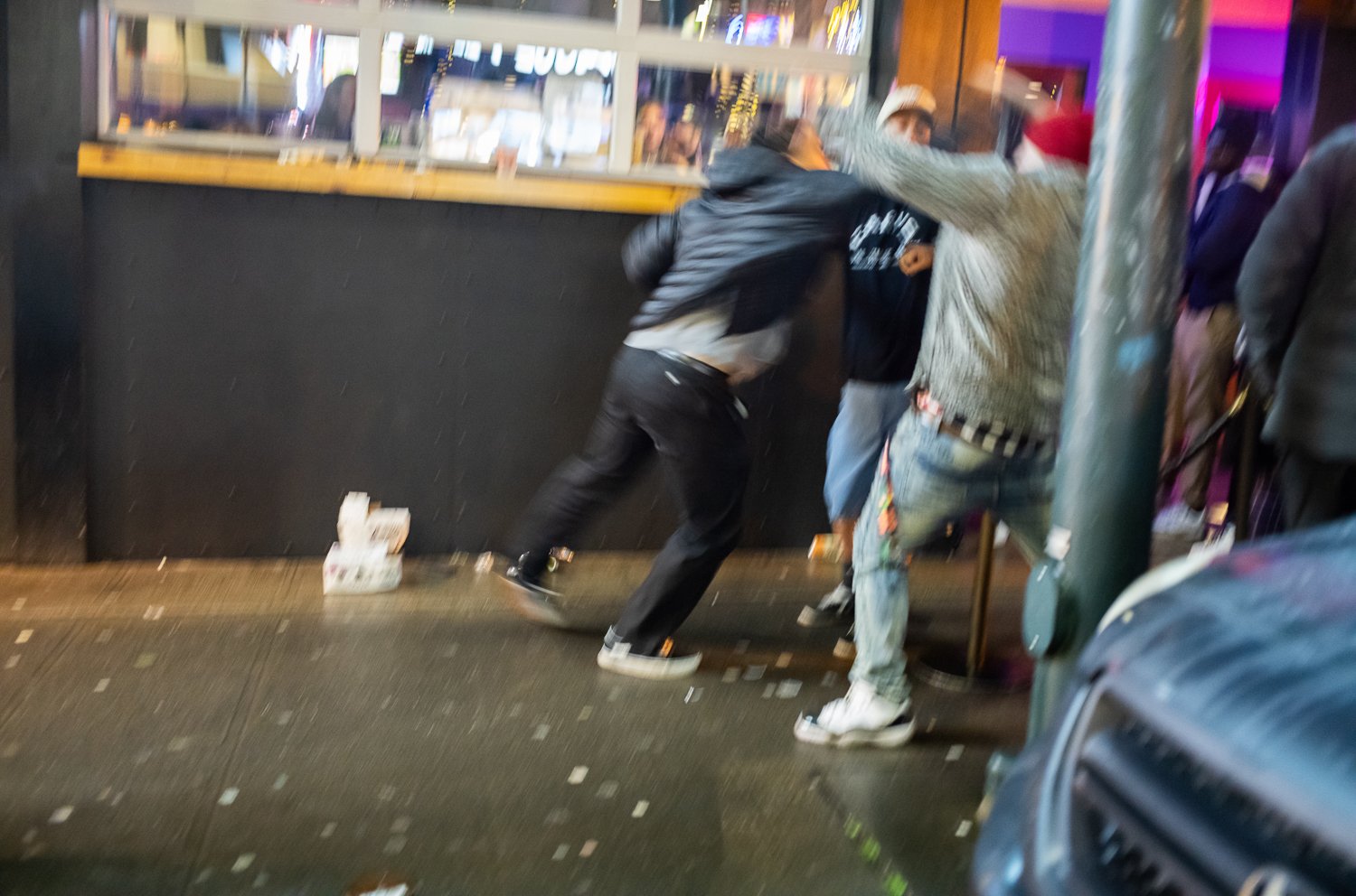  Young men fight on The Ave. in Seattle, Washington, USA on January 8, 2024. 