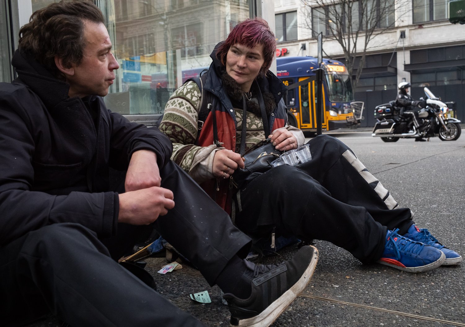  Andrew (L) and Jacob pause on the morning of December 5, 2024 in Seattle, Washington, USA. 