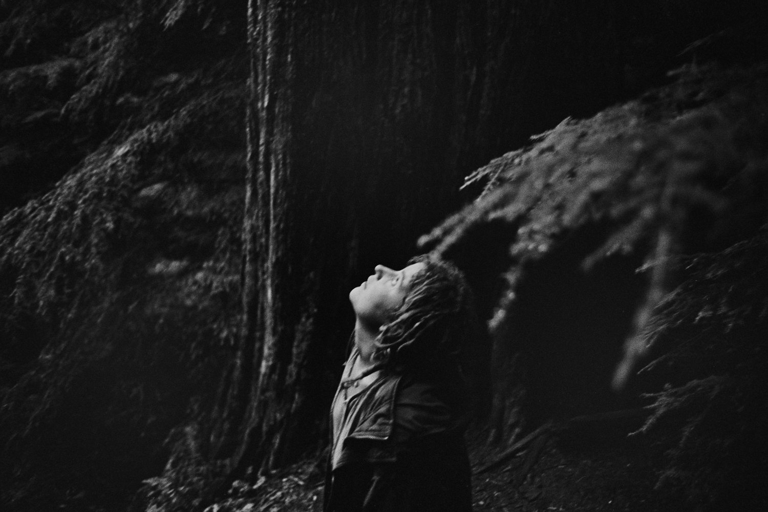 A young woman gazes up at the Winberry tree-sit in the Willamette National Forest of Oregon, USA in 2001.