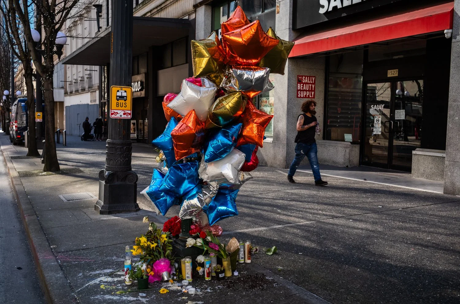 Memorial for Michael Del Bianco, who was shot near 3rd Avenue and Pine Street in Seattle, Washington, USA a week earlier, seen on March 10, 2022.