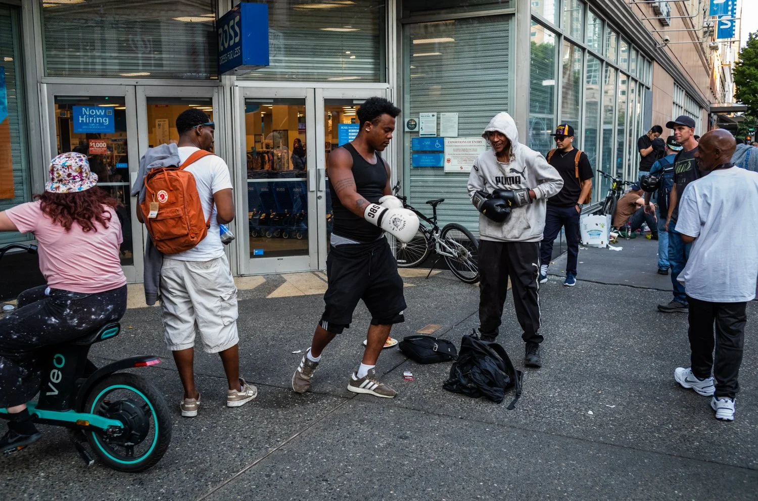 Impromptu sparring on 3rd Avenue and Pike Street on July 5, 2023 in Seattle, Washington, USA.